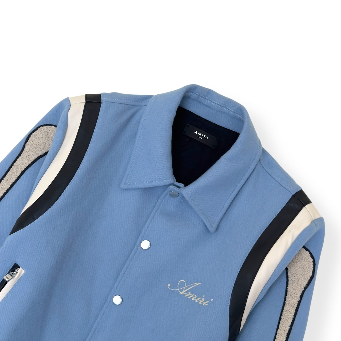 AMIRI BONES WOOL VARSITY BOMBER JACKET BABY BLUE L