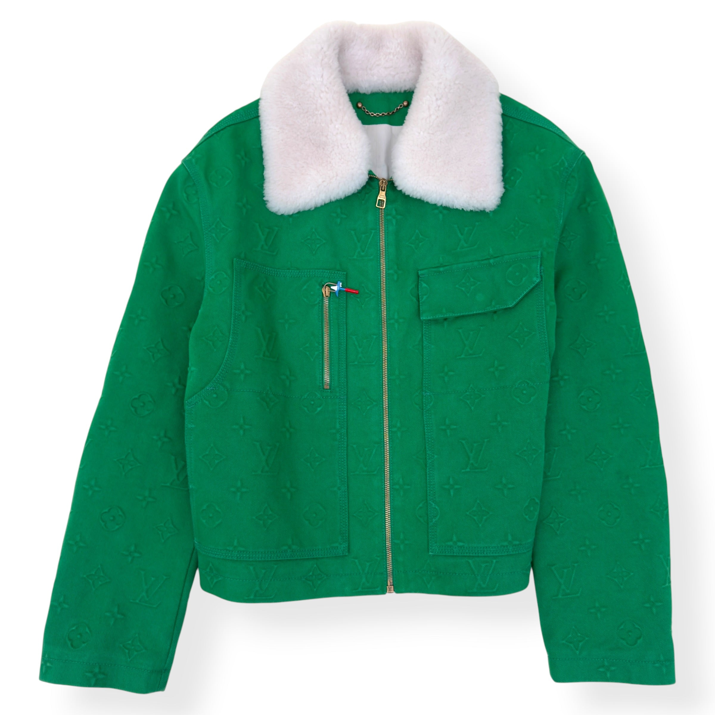 LOUIS VUITTON MONOGRAM EMBOSSED SHEARLING COLLAR ZIP JACKET GREEN 50 / M