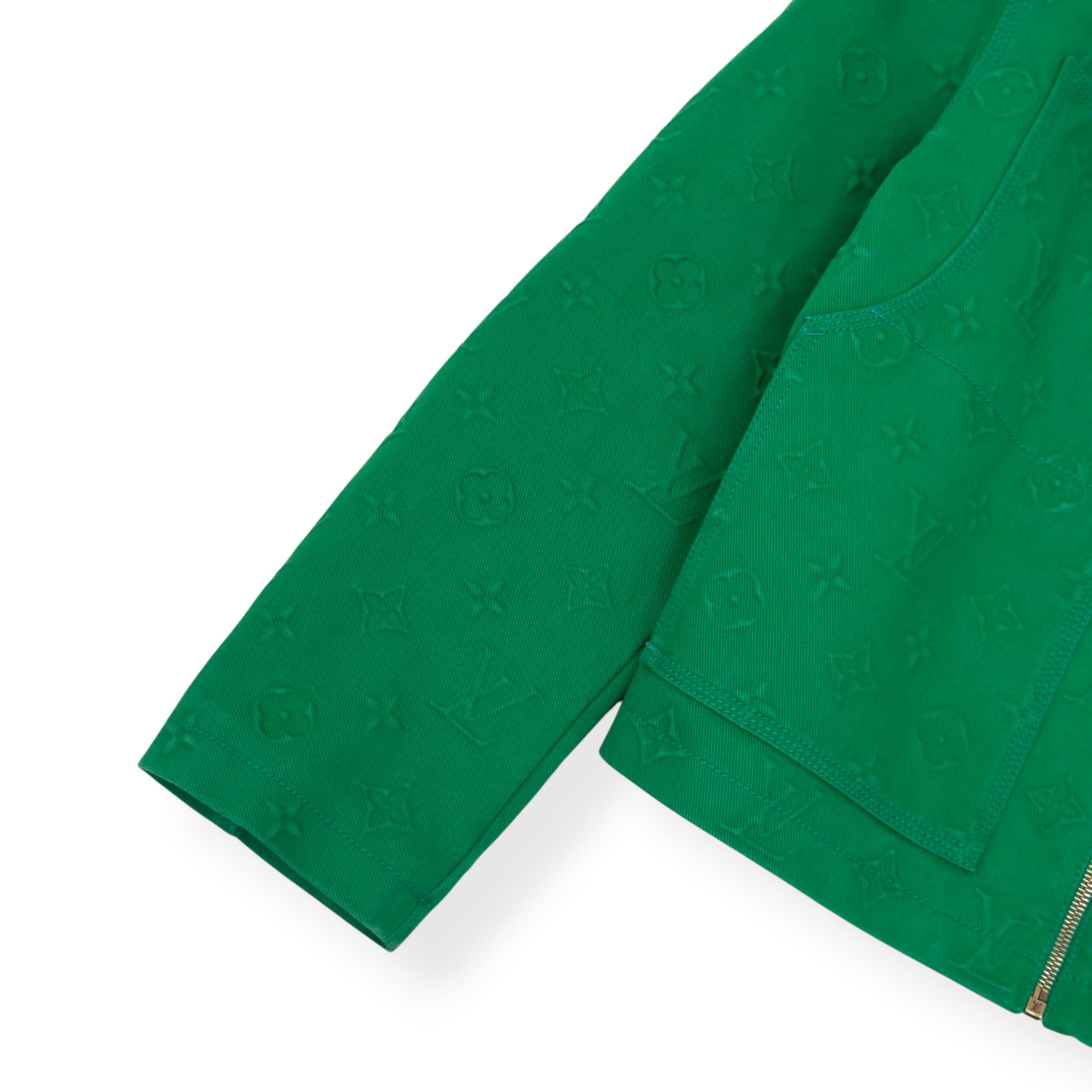 LOUIS VUITTON MONOGRAM EMBOSSED SHEARLING COLLAR ZIP JACKET GREEN 50 / M