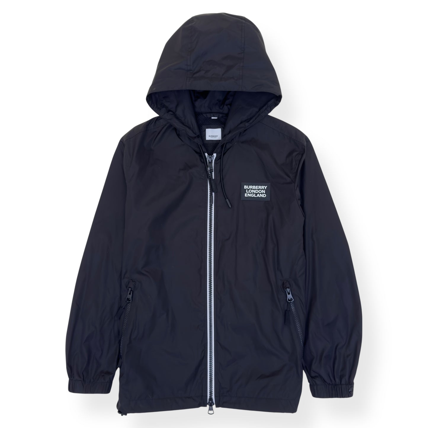 BURBERRY LOCATION PRINT HOODED WINDBREAKER JACKET BLACK M