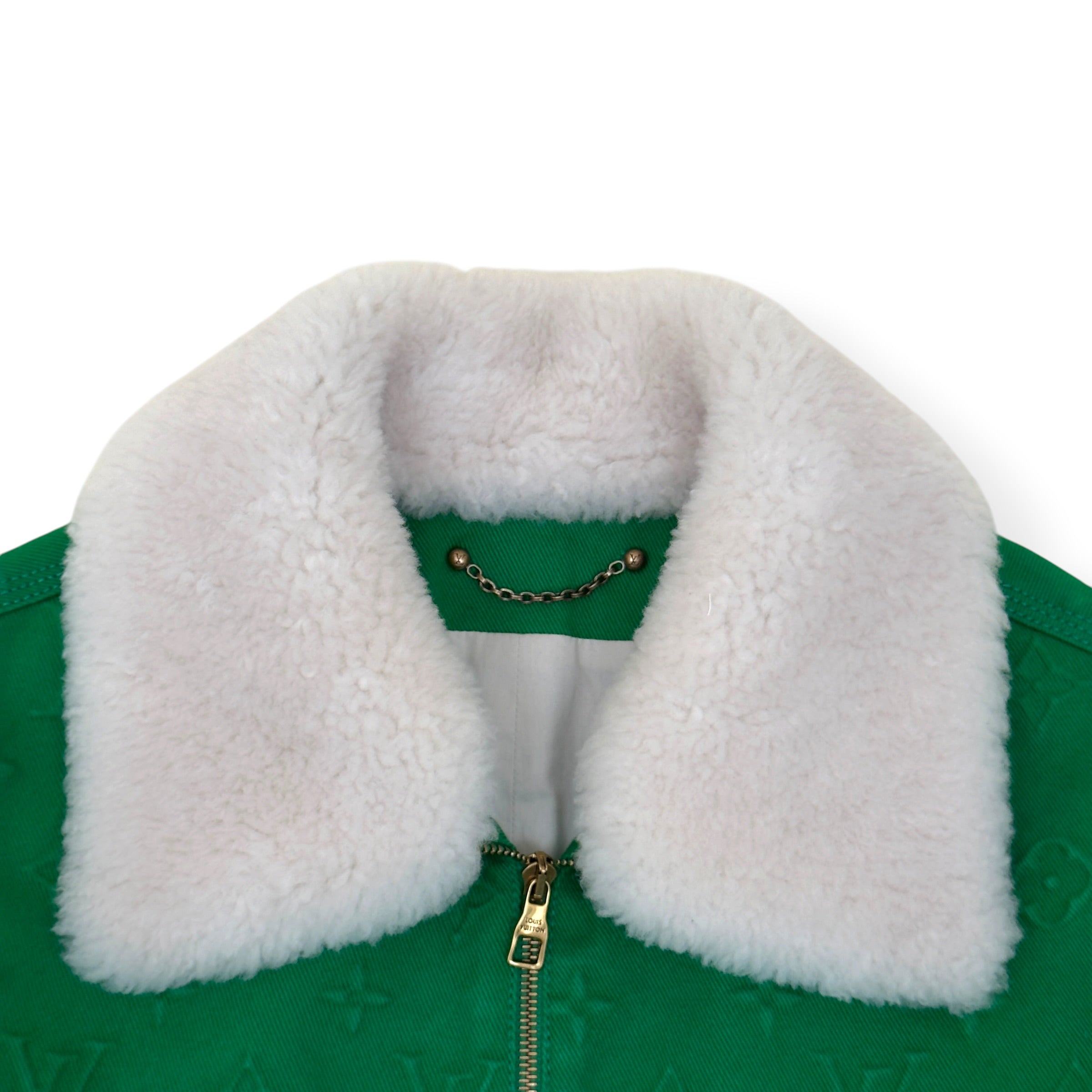 LOUIS VUITTON MONOGRAM EMBOSSED SHEARLING COLLAR ZIP JACKET GREEN 50 / M