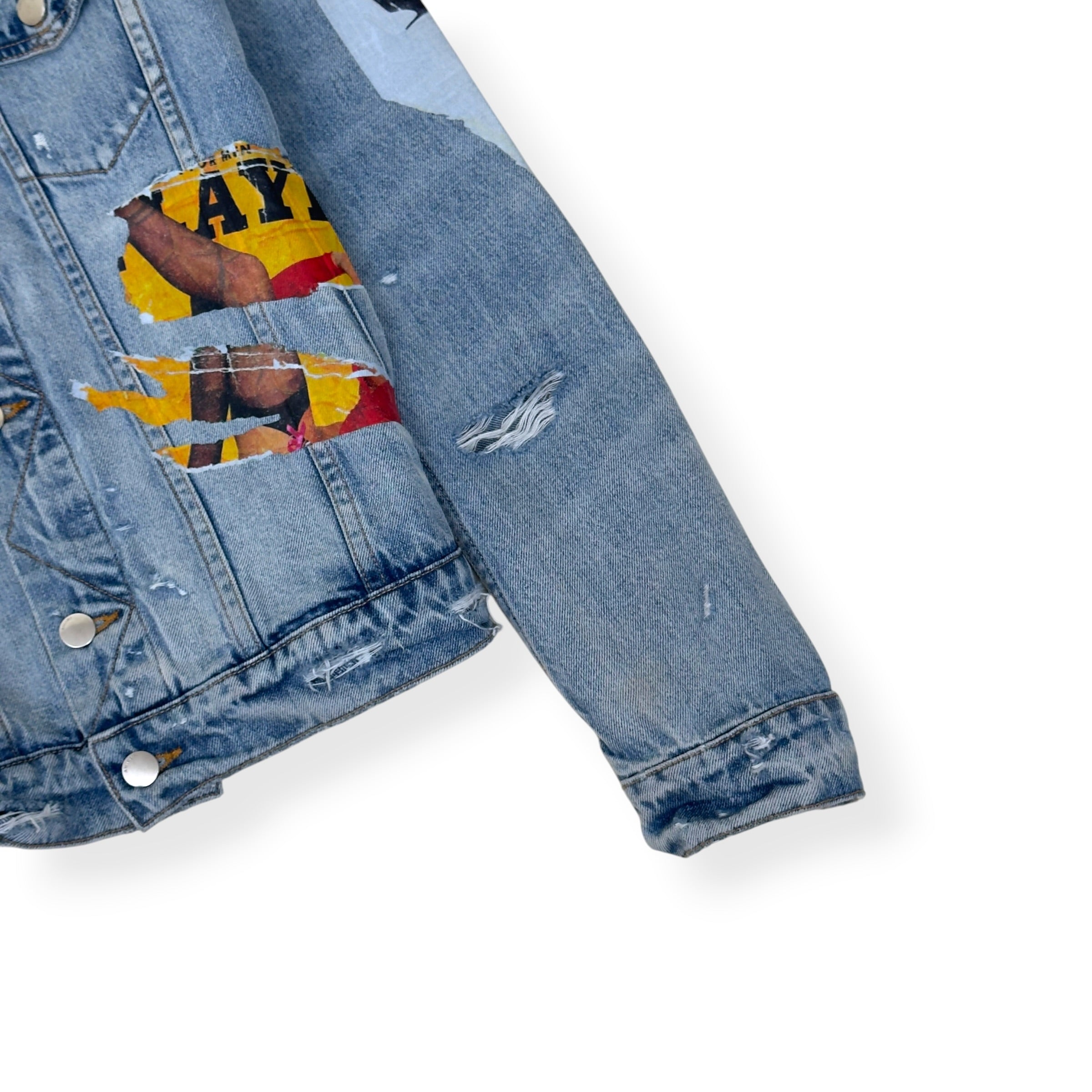 AMIRI X PLAYBOY MAGAZINE DISTRESSED DENIM JACKET BLUE XL