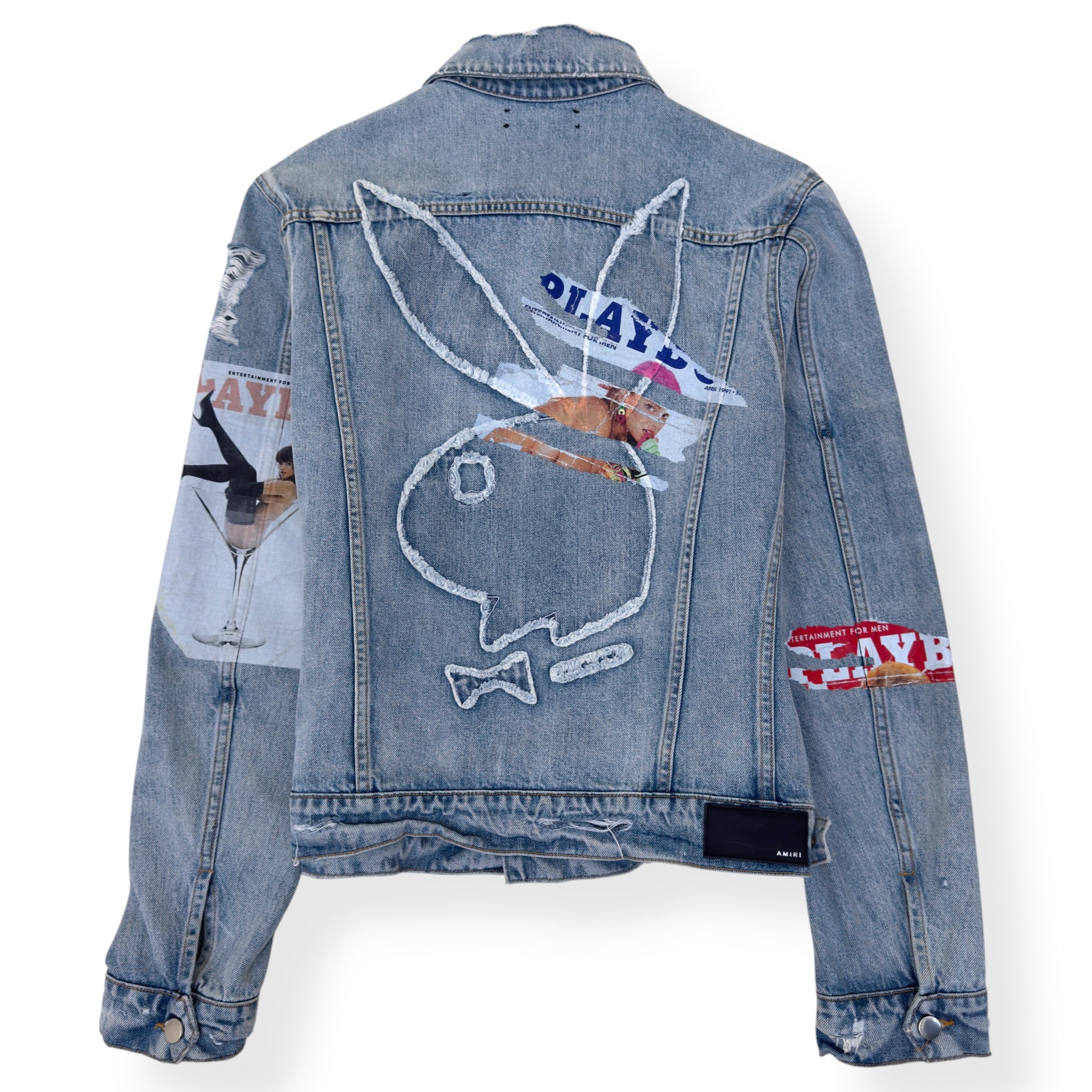 AMIRI X PLAYBOY MAGAZINE DISTRESSED DENIM JACKET BLUE XL