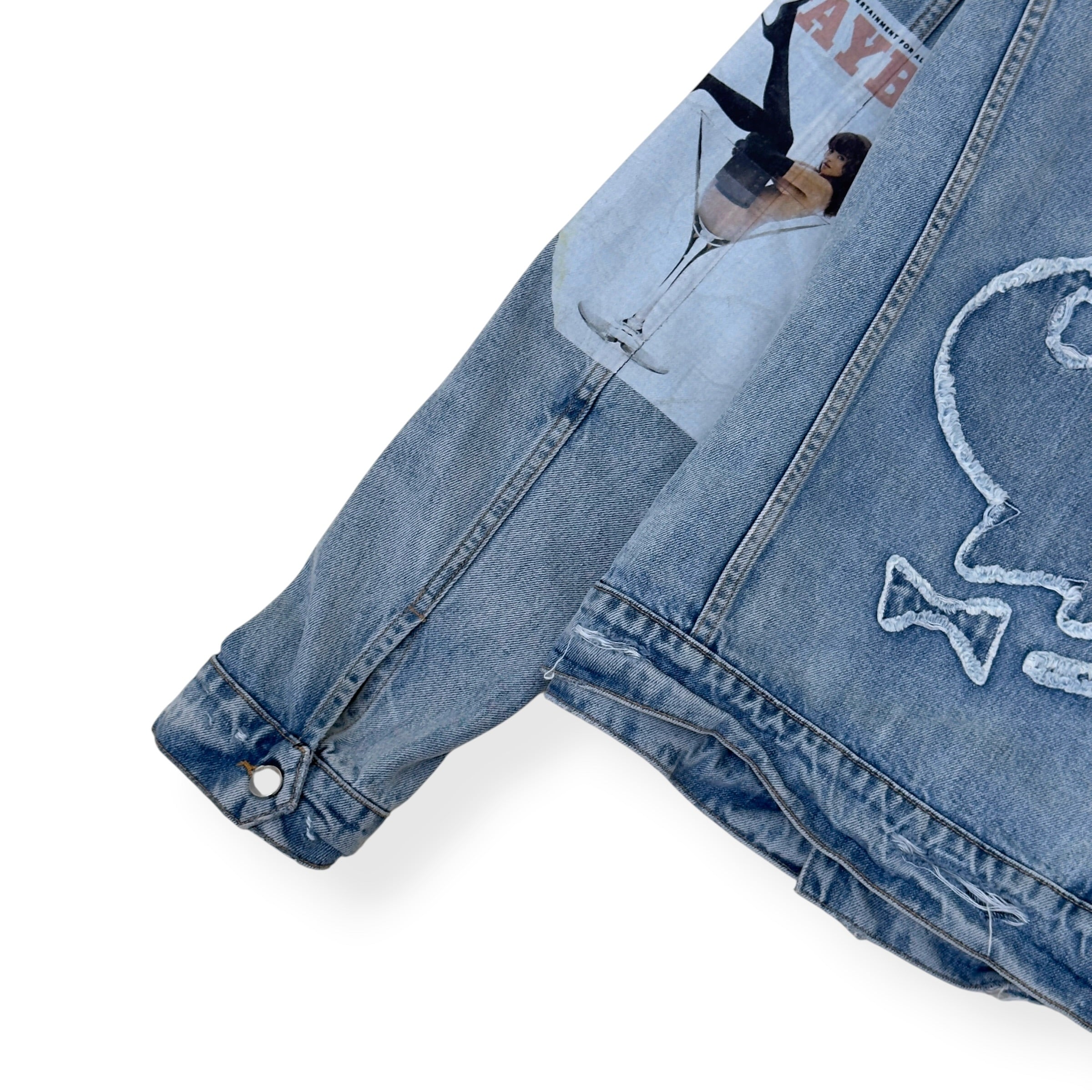 AMIRI X PLAYBOY MAGAZINE DISTRESSED DENIM JACKET BLUE XL
