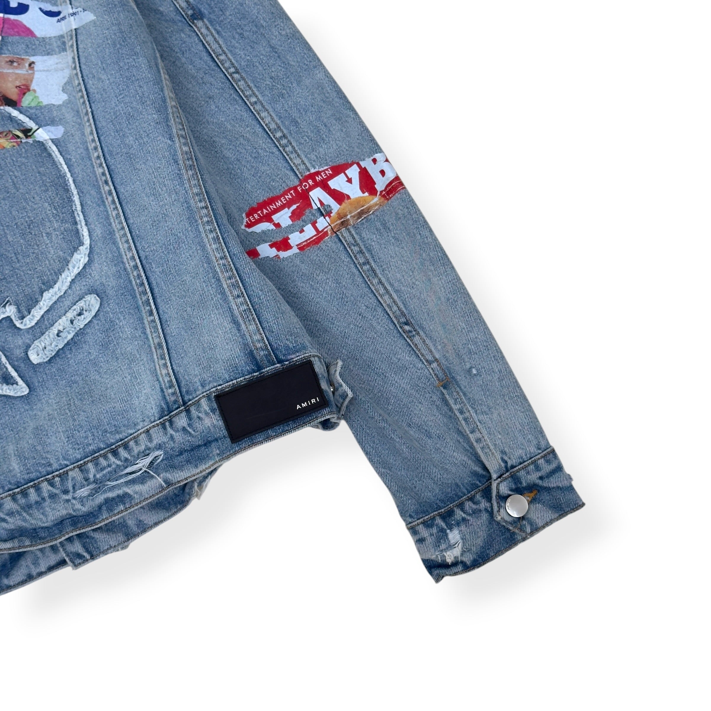 AMIRI X PLAYBOY MAGAZINE DISTRESSED DENIM JACKET BLUE XL