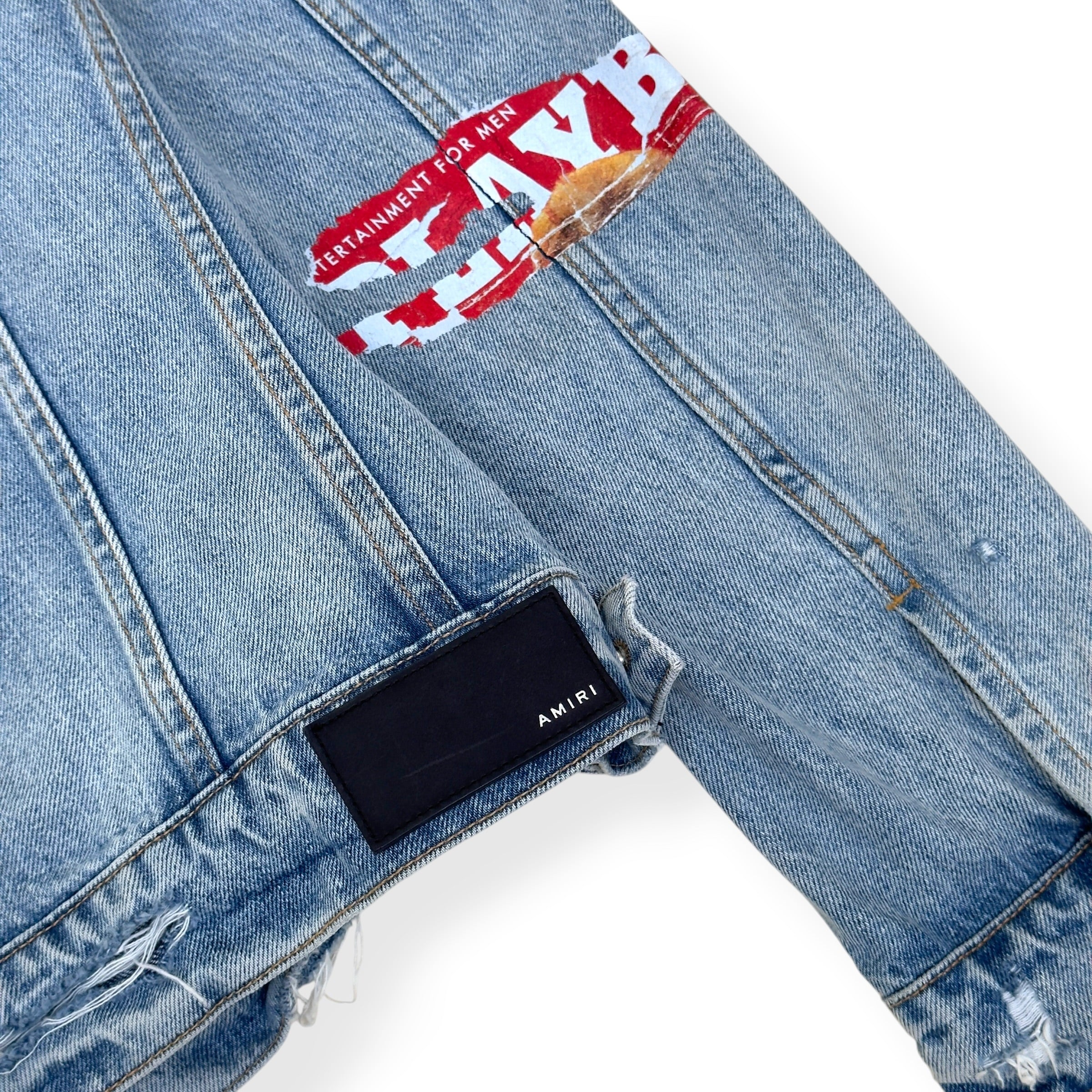 AMIRI X PLAYBOY MAGAZINE DISTRESSED DENIM JACKET BLUE XL