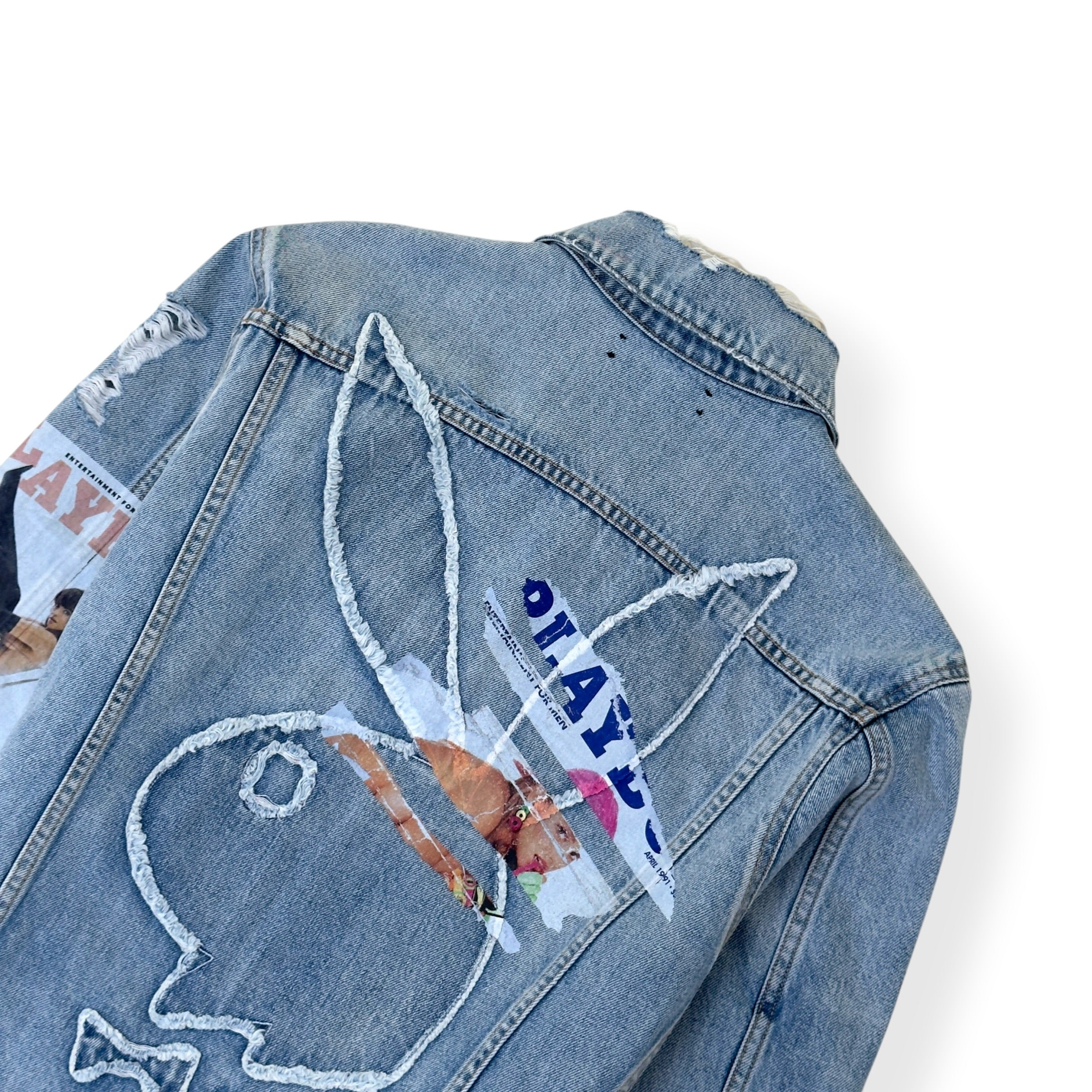 AMIRI X PLAYBOY MAGAZINE DISTRESSED DENIM JACKET BLUE XL