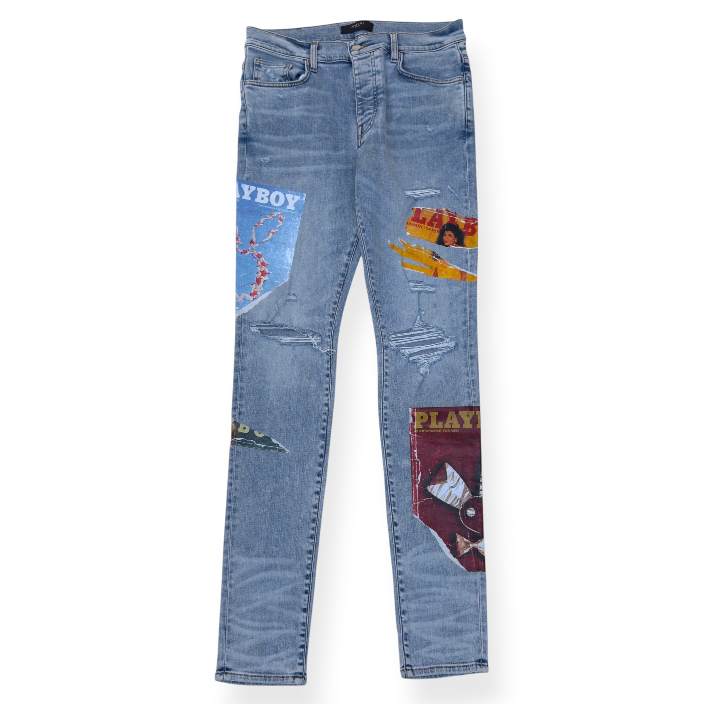 AMIRI X PLAYBOY MAGAZINE DISTRESSED SKINNY DENIM JEANS BLUE W33 / M