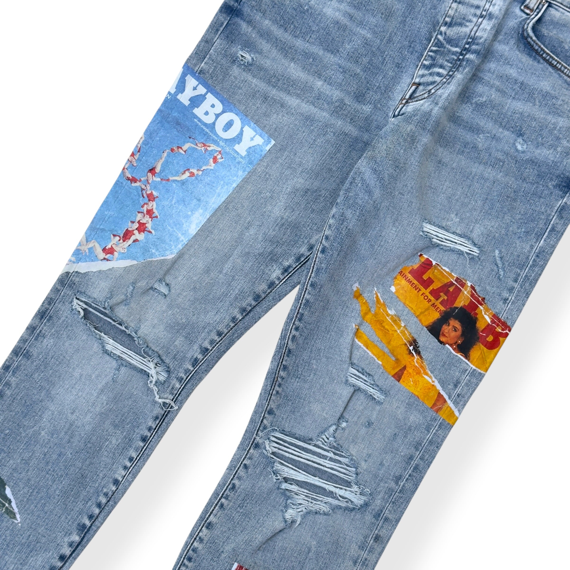 AMIRI X PLAYBOY MAGAZINE DISTRESSED SKINNY DENIM JEANS BLUE W33 / M