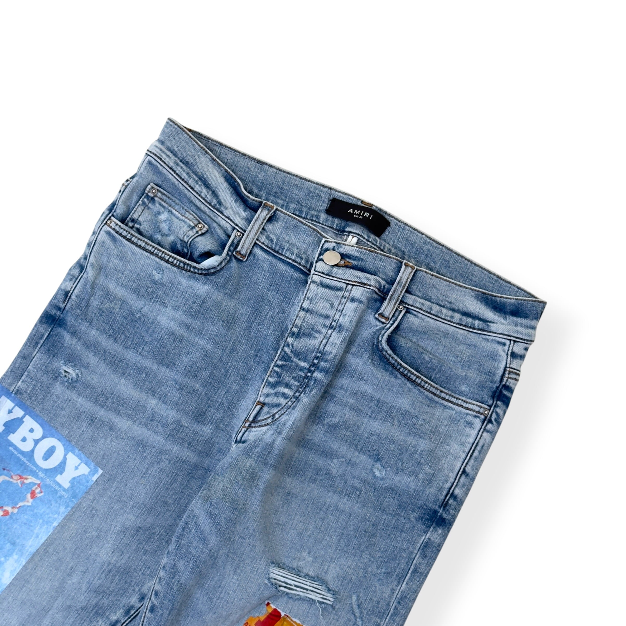 AMIRI X PLAYBOY MAGAZINE DISTRESSED SKINNY DENIM JEANS BLUE W33 / M