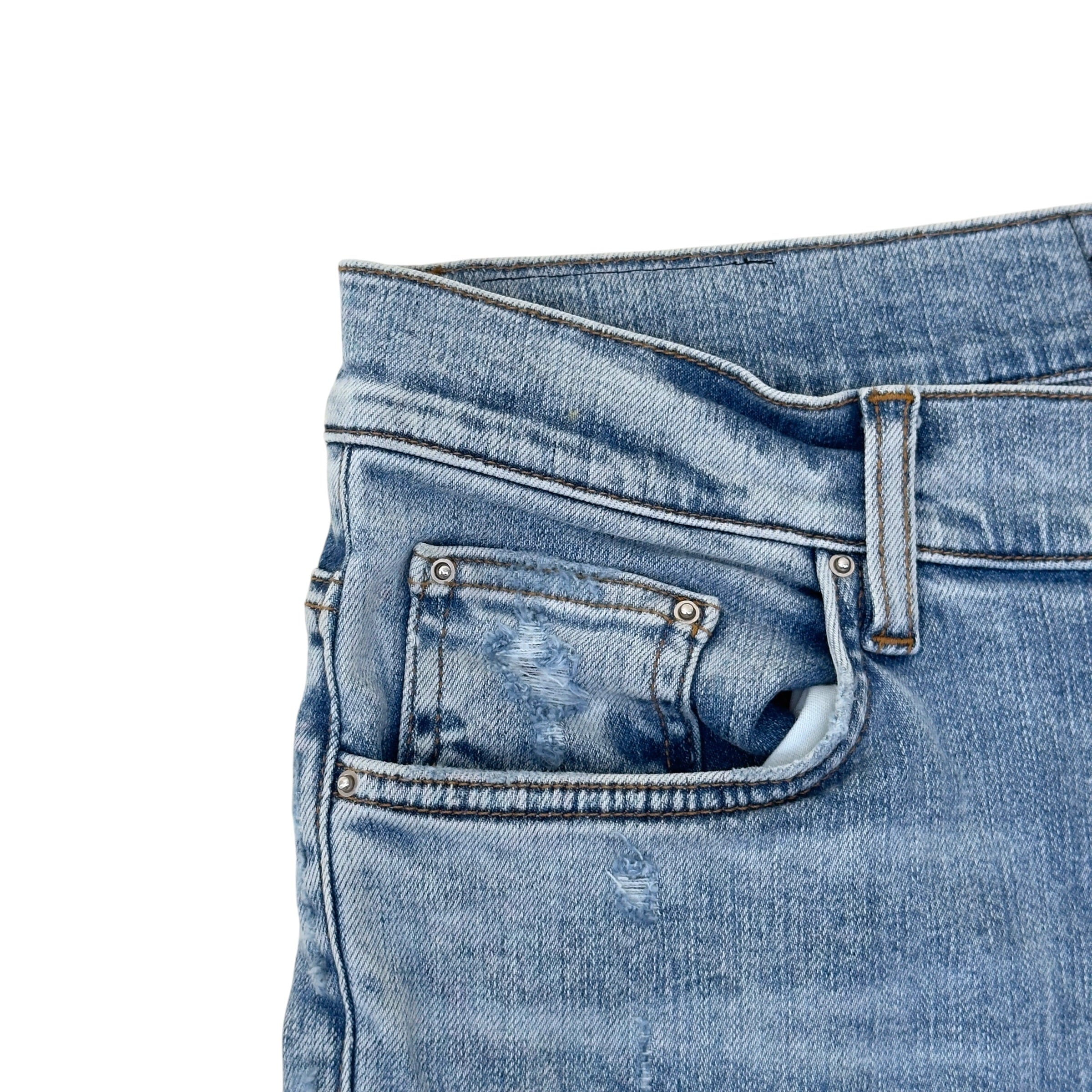 AMIRI X PLAYBOY MAGAZINE DISTRESSED SKINNY DENIM JEANS BLUE W33 / M
