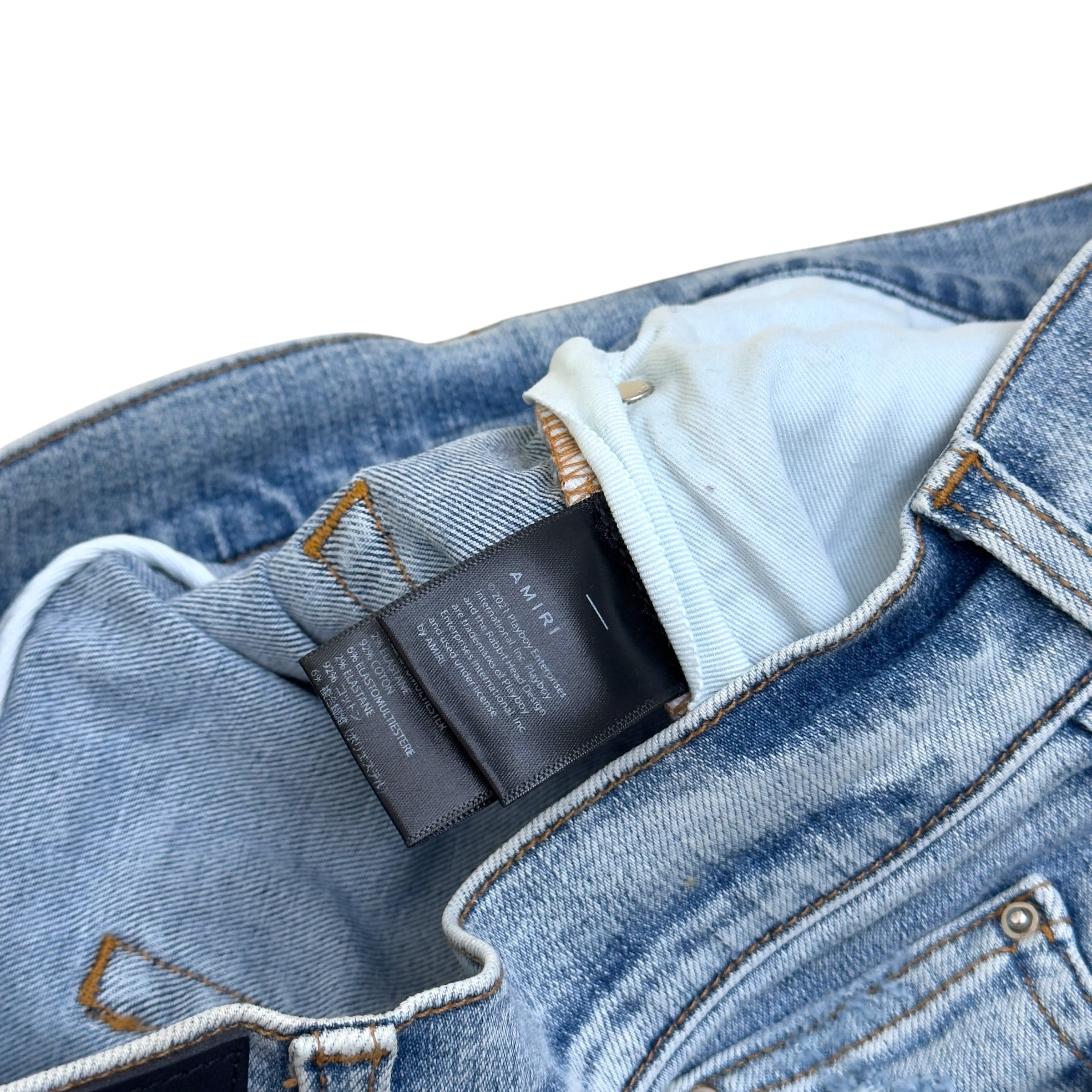 AMIRI X PLAYBOY MAGAZINE DISTRESSED SKINNY DENIM JEANS BLUE W33 / M