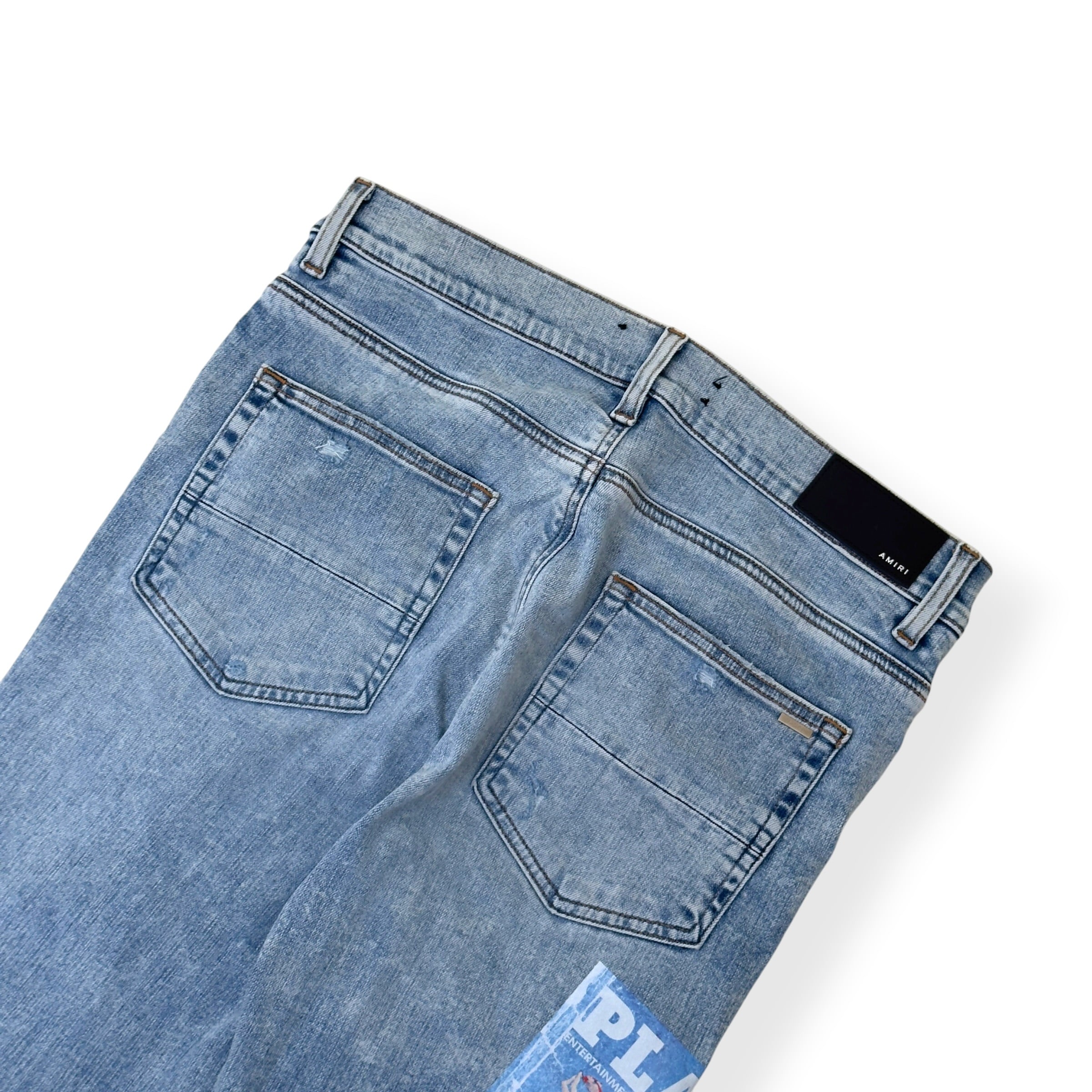 AMIRI X PLAYBOY MAGAZINE DISTRESSED SKINNY DENIM JEANS BLUE W33 / M