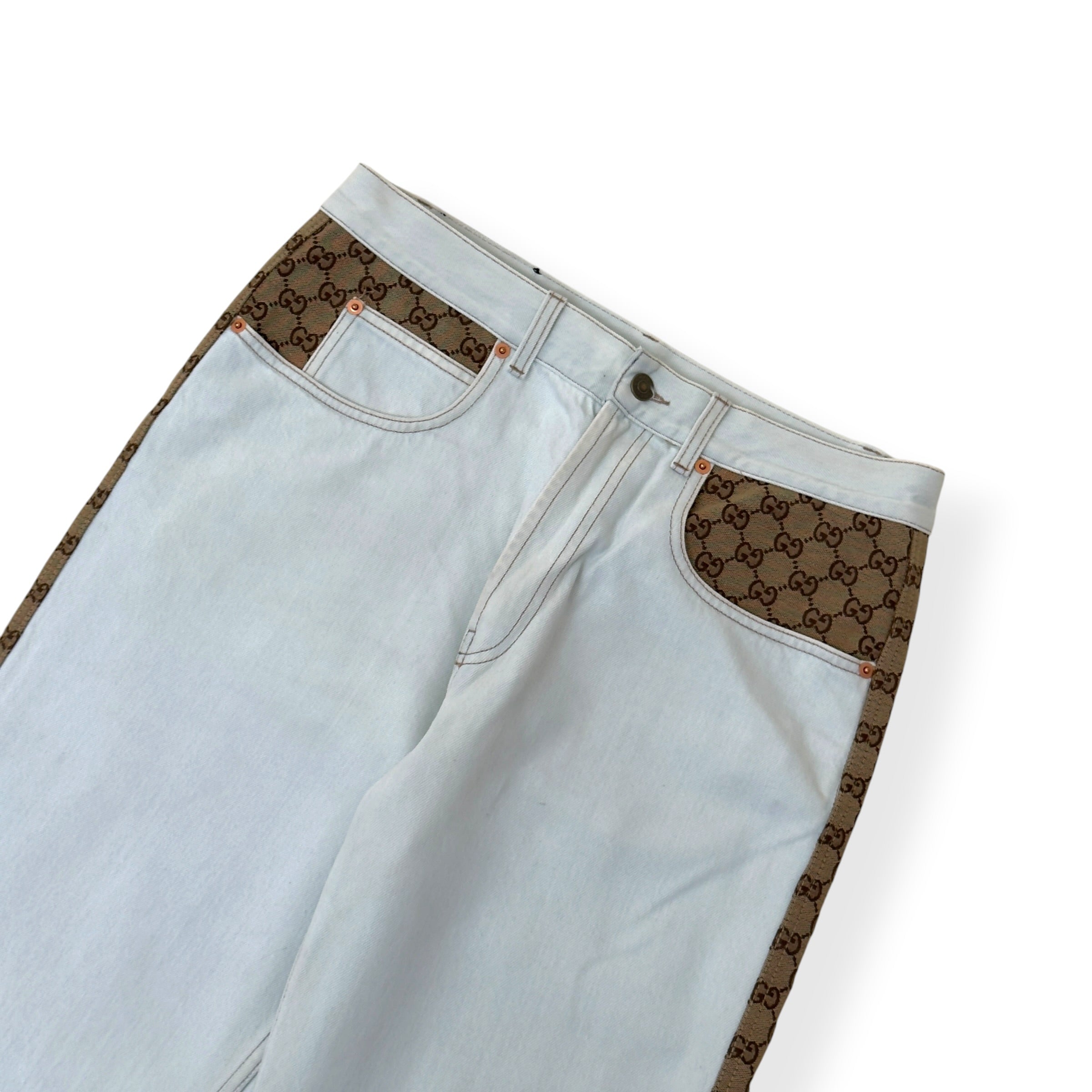 GUCCI GG CANVAS PANEL STRAIGHT LEG JEANS WHITE / BEIGE W34 / L