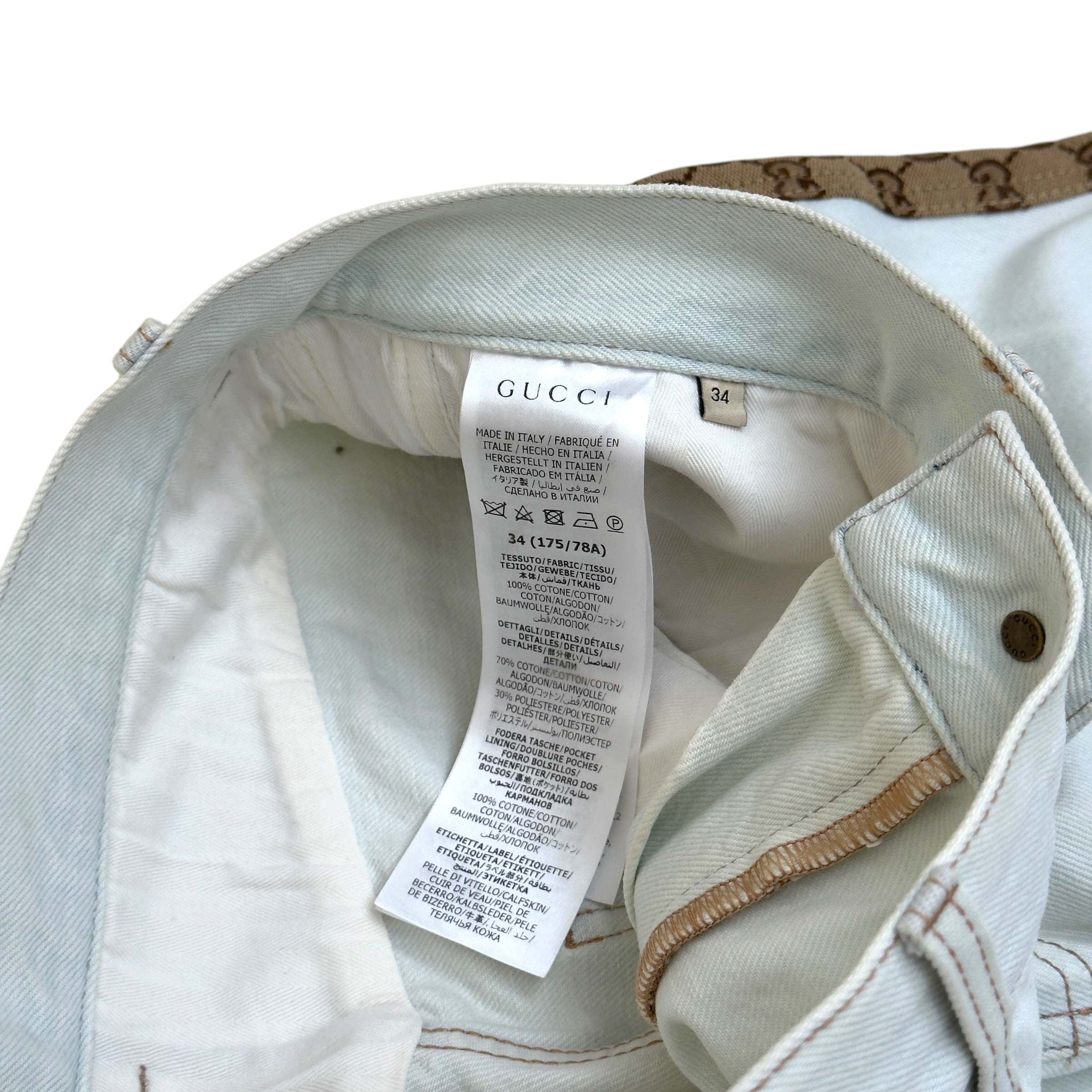 GUCCI GG CANVAS PANEL STRAIGHT LEG JEANS WHITE / BEIGE W34 / L