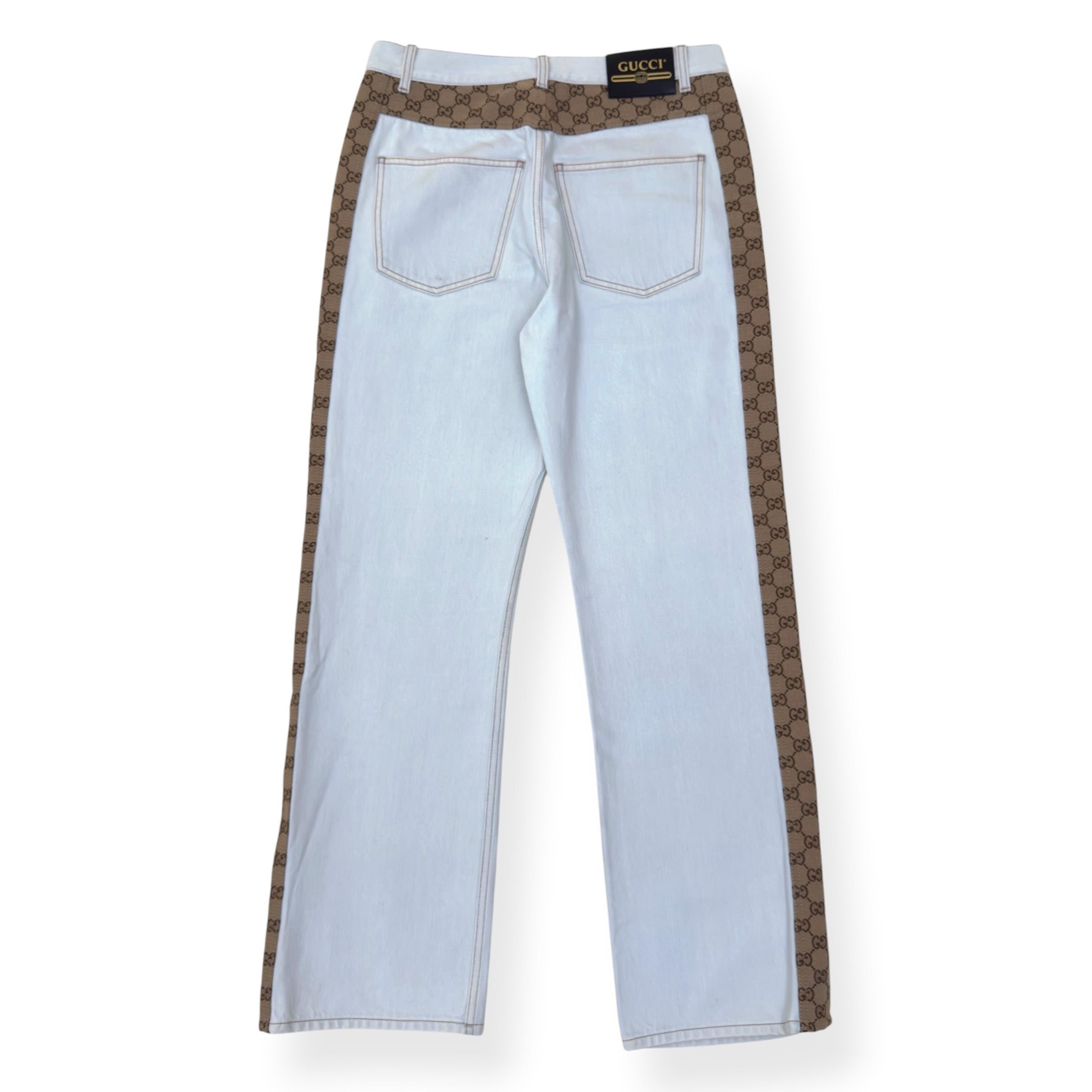 GUCCI GG CANVAS PANEL STRAIGHT LEG JEANS WHITE / BEIGE W34 / L