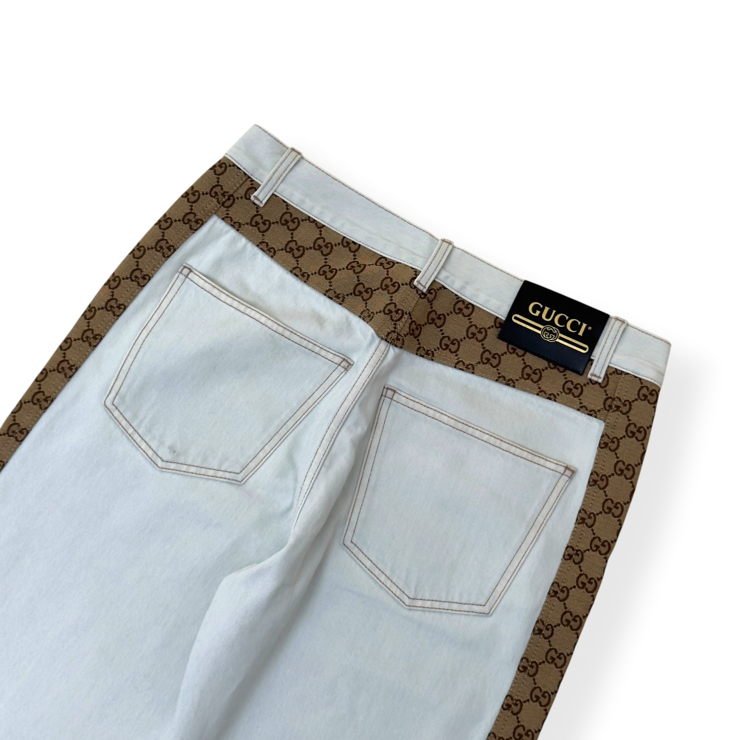 GUCCI GG CANVAS PANEL STRAIGHT LEG JEANS WHITE / BEIGE W34 / L