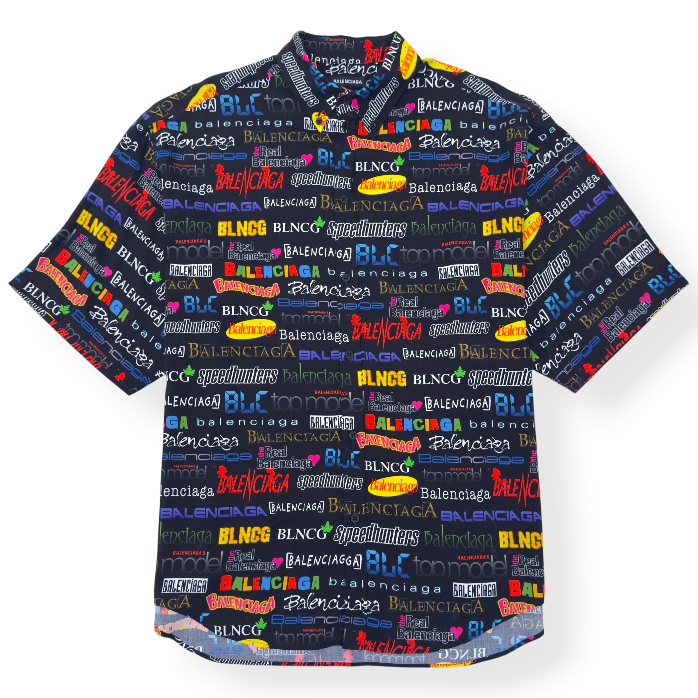 BALENCIAGA ALL OVER LOGO PRINT SHORT-SLEEVE SHIRT BLACK / MULTICOLOURED 38 / M
