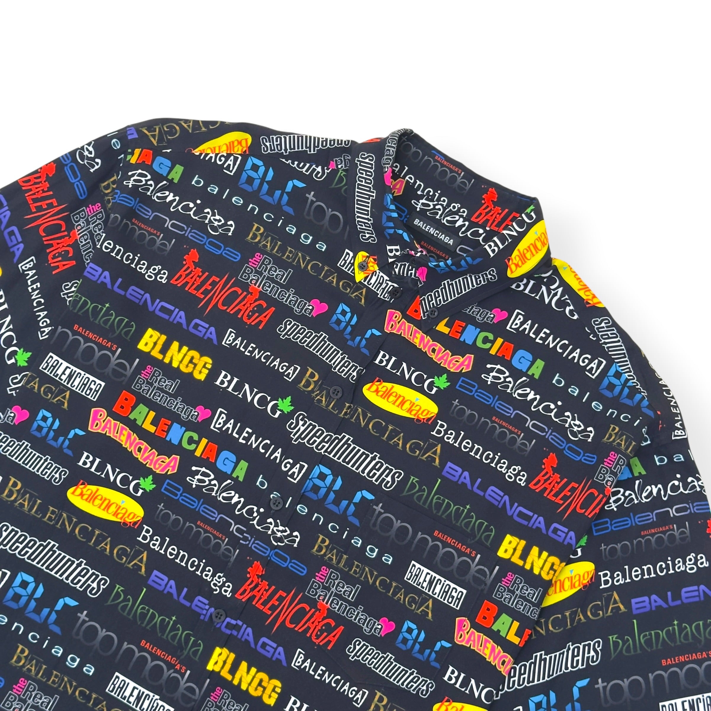 BALENCIAGA ALL OVER LOGO PRINT SHORT-SLEEVE SHIRT BLACK / MULTICOLOURED 38 / M