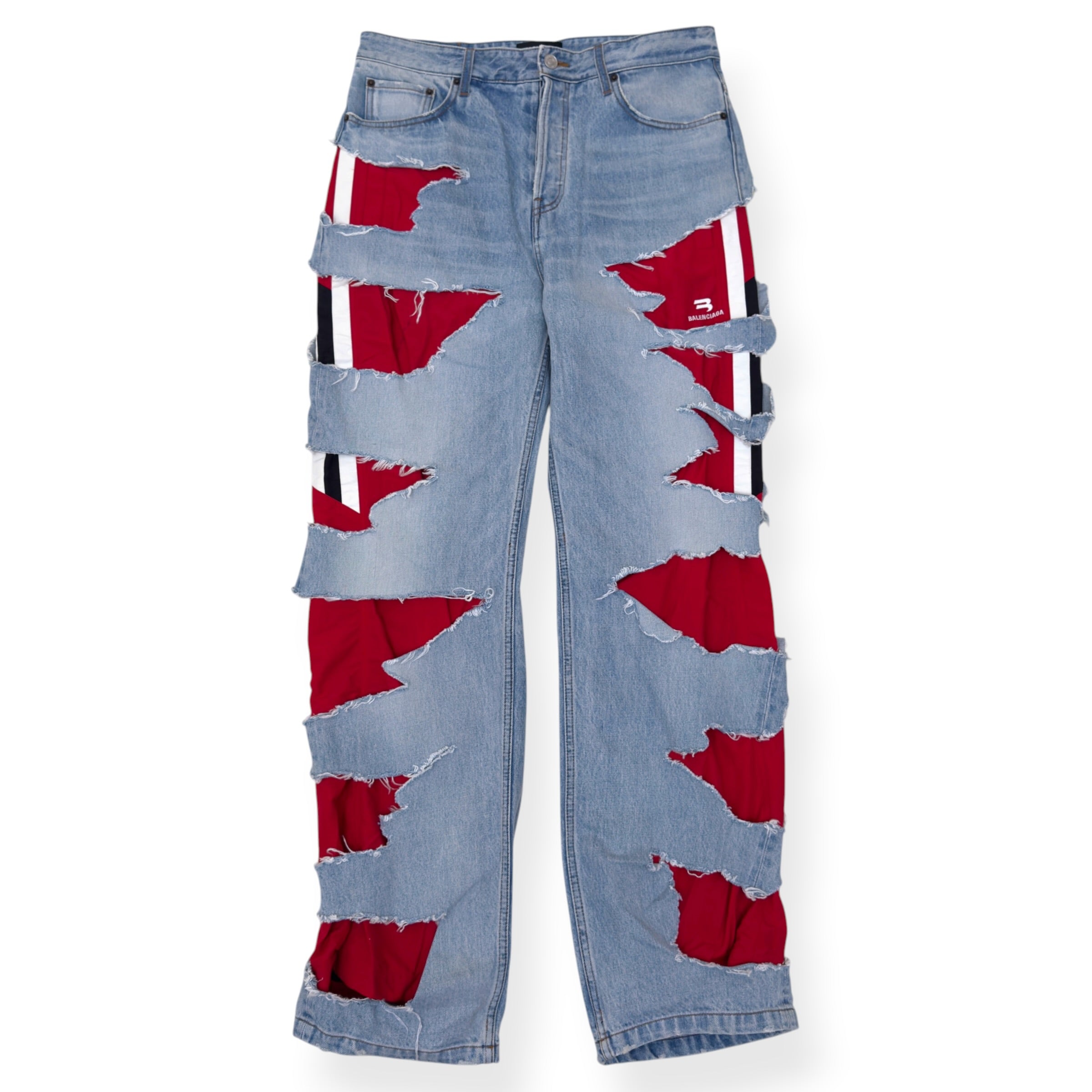 BALENCIAGA SPORTY B TRACKSUIT DENIM HYBRID JEANS BLUE / RED M