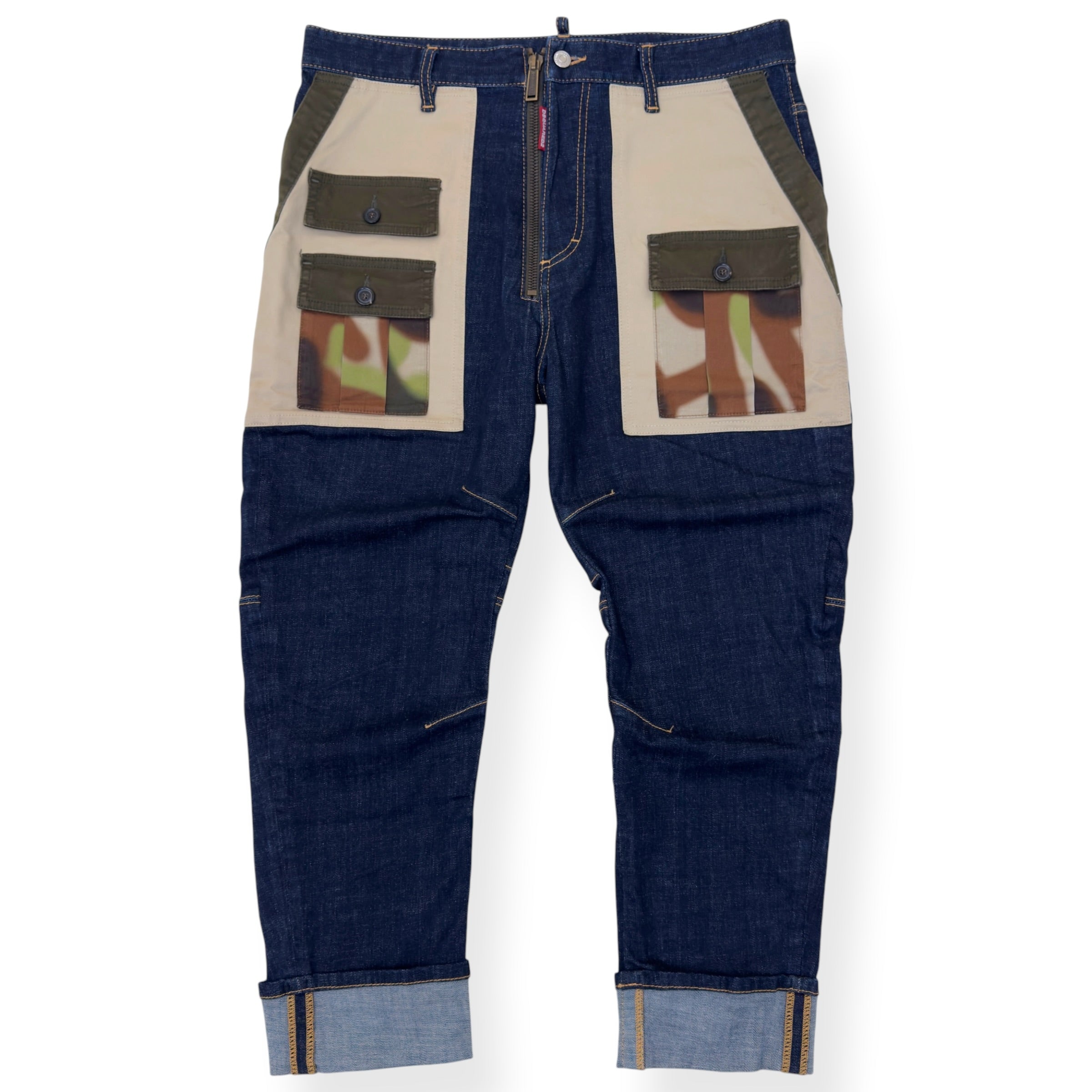 DSQUARED2 CROPPED CAMO MULTI POCKET COMBAT DENIM JEANS BLUE 50 / L