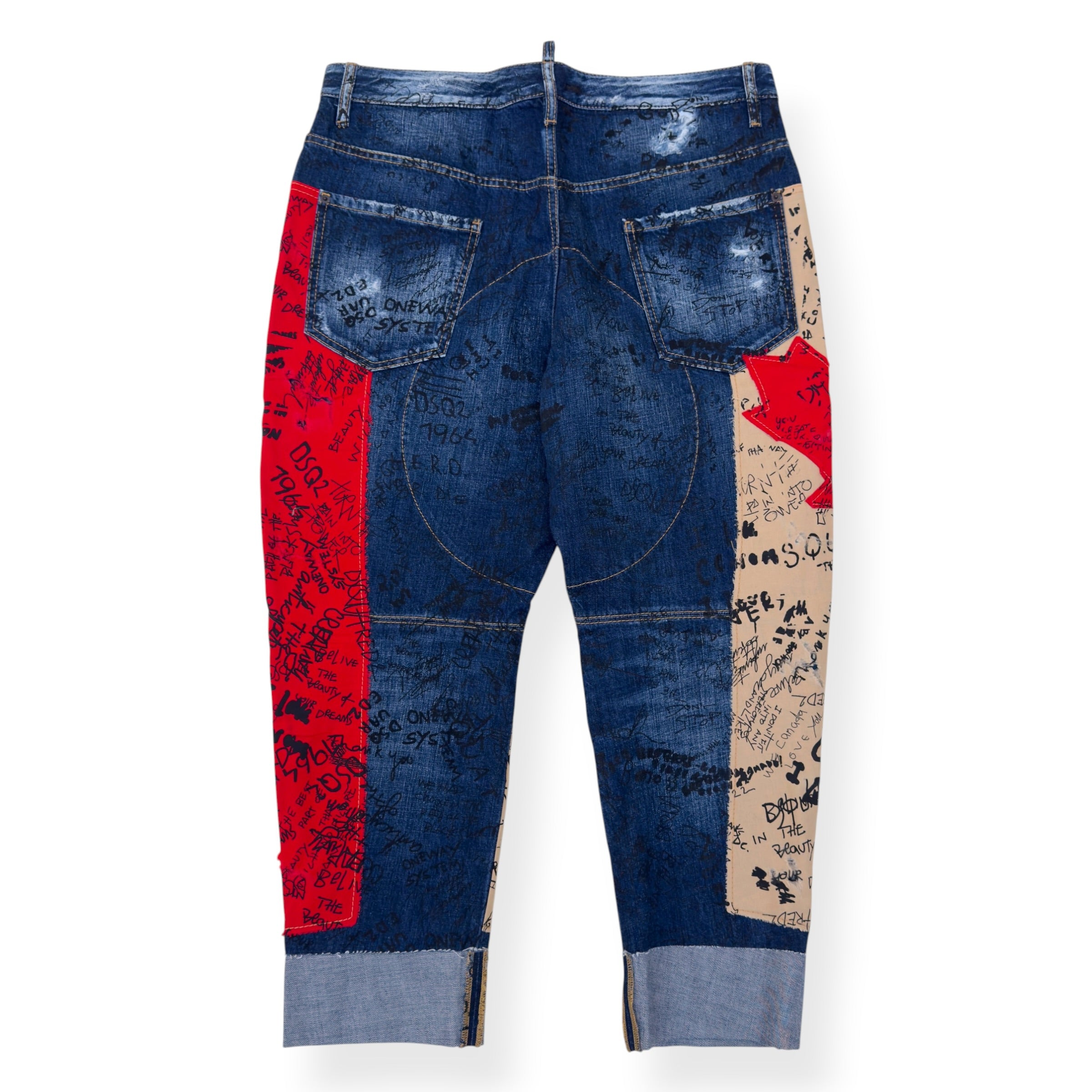 DSQUARED2 CROPPED CANADIAN FLAG GRAFFITI DENIM JEANS BLUE / RED / BEIGE 50 / L