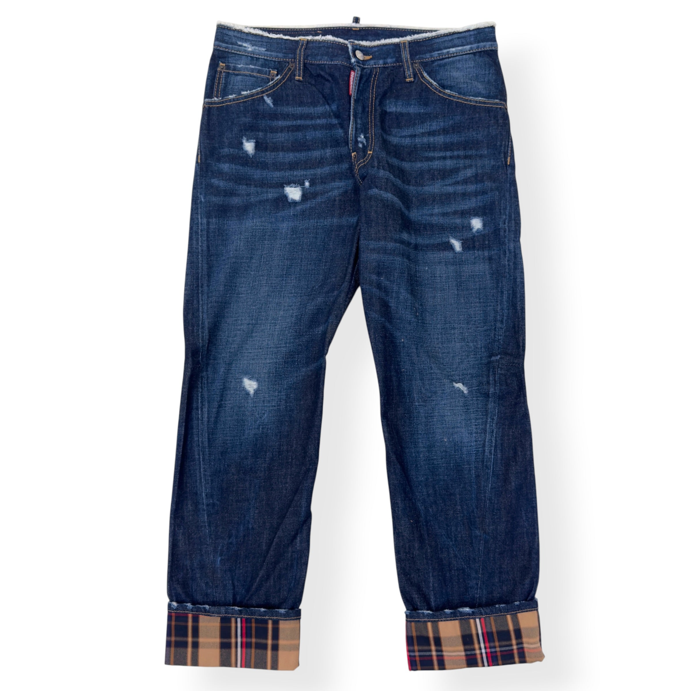 DSQUARED2 CROPPED TARTAN CUFF DENIM JEANS BLUE 46 / S
