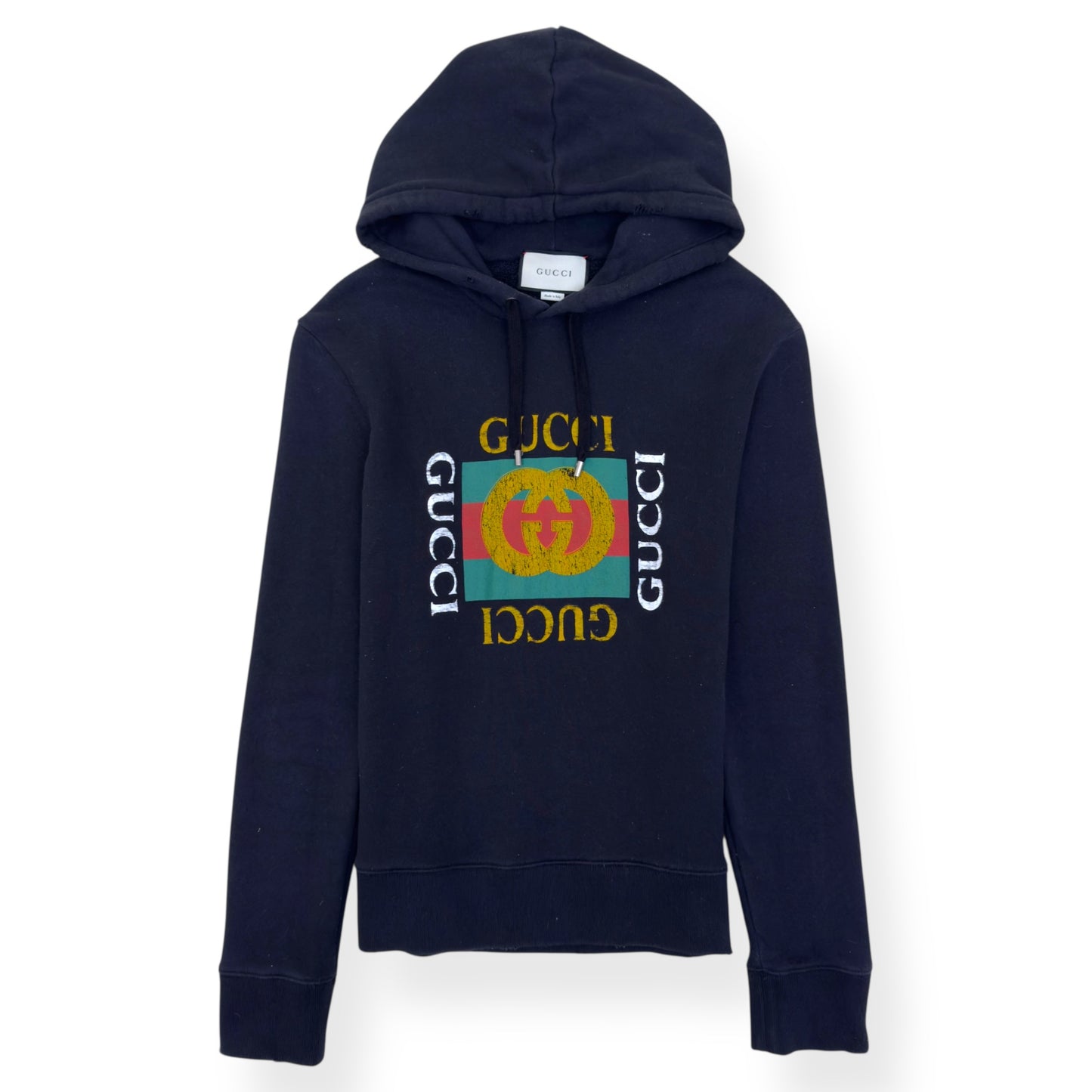 GUCCI LOGO PRINT DISTRESSED HOODIE BLACK M