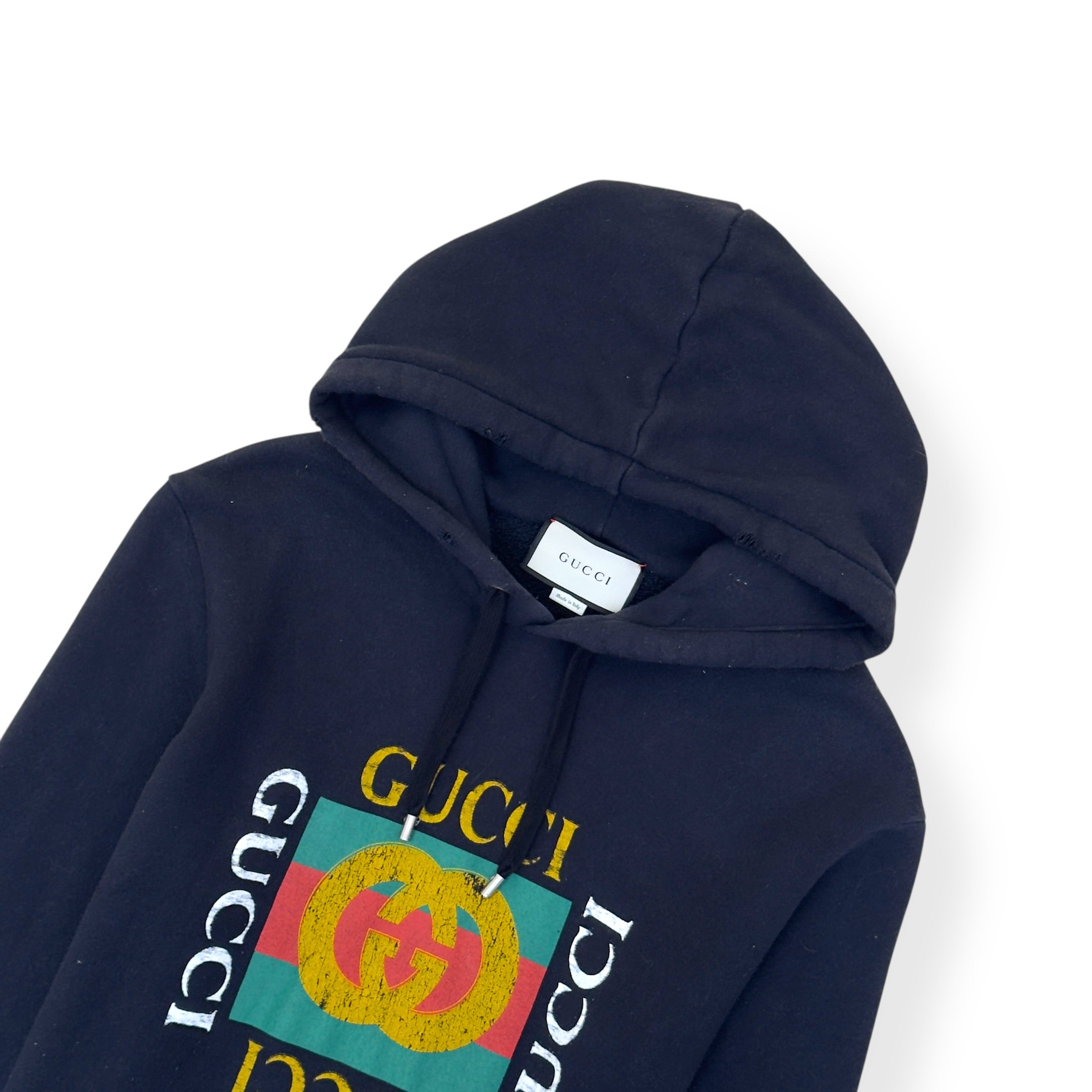 GUCCI LOGO PRINT DISTRESSED HOODIE BLACK M