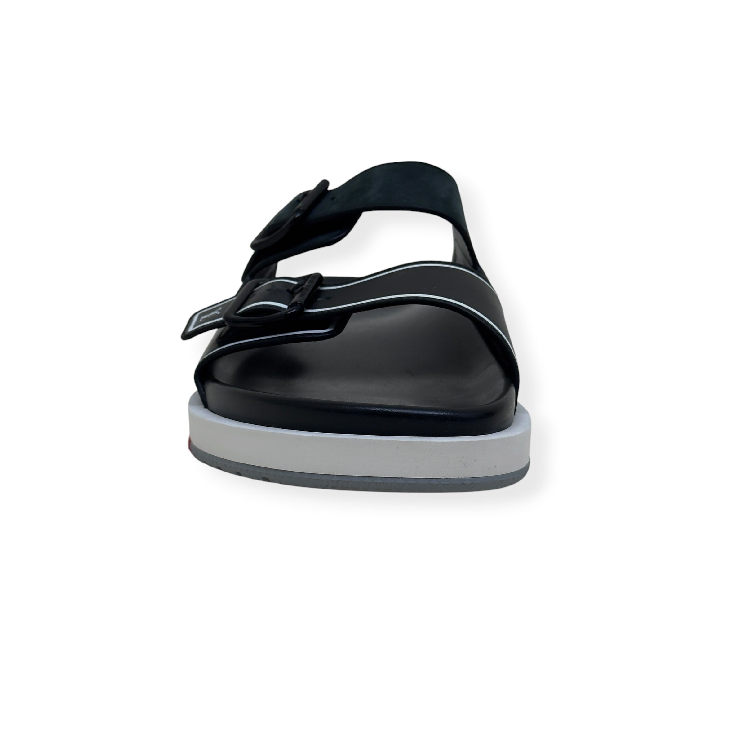 LOUIS VUITTON SCRIPT LOGO LEATHER MULES BLACK / GREY UK10