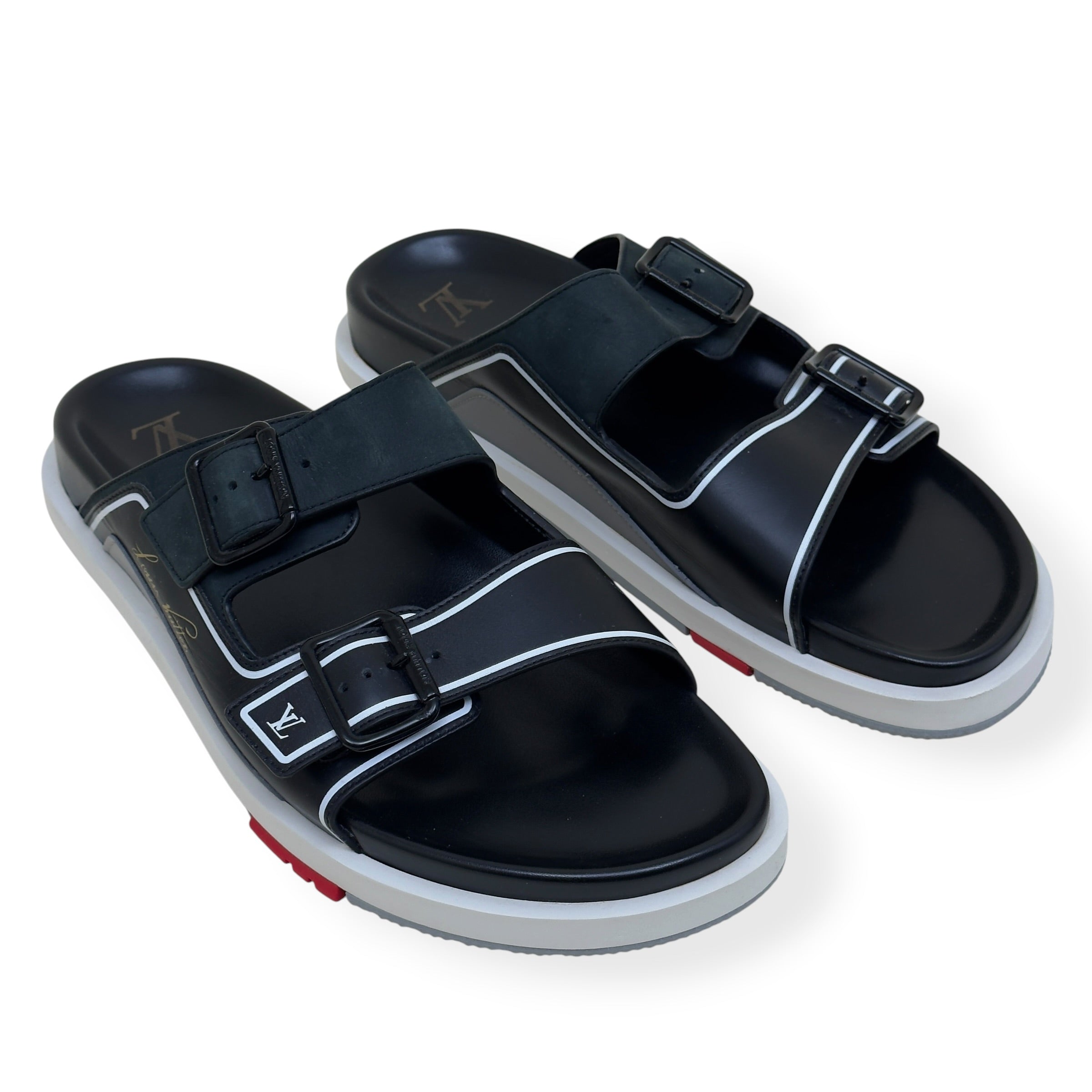 LOUIS VUITTON SCRIPT LOGO LEATHER MULES BLACK / GREY UK10