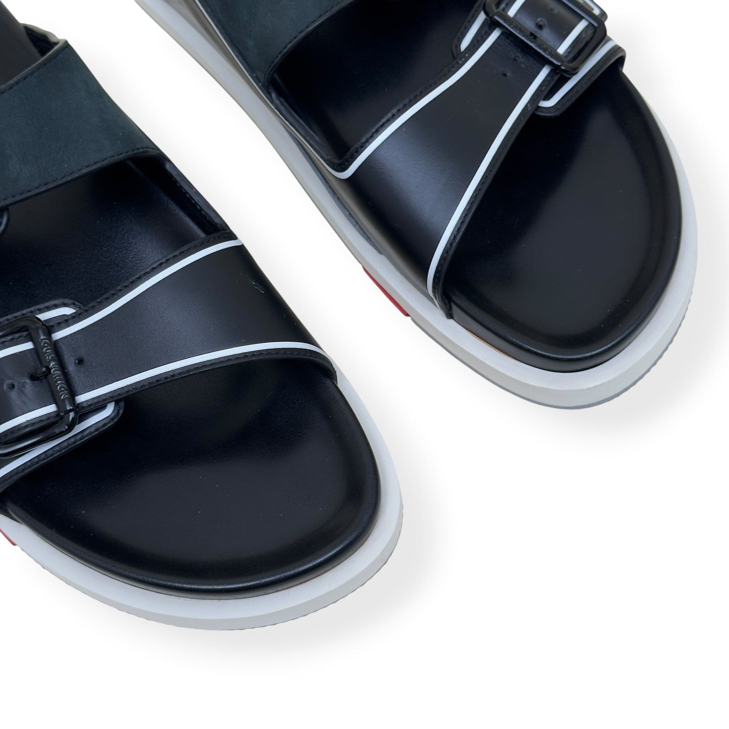 LOUIS VUITTON SCRIPT LOGO LEATHER MULES BLACK / GREY UK10