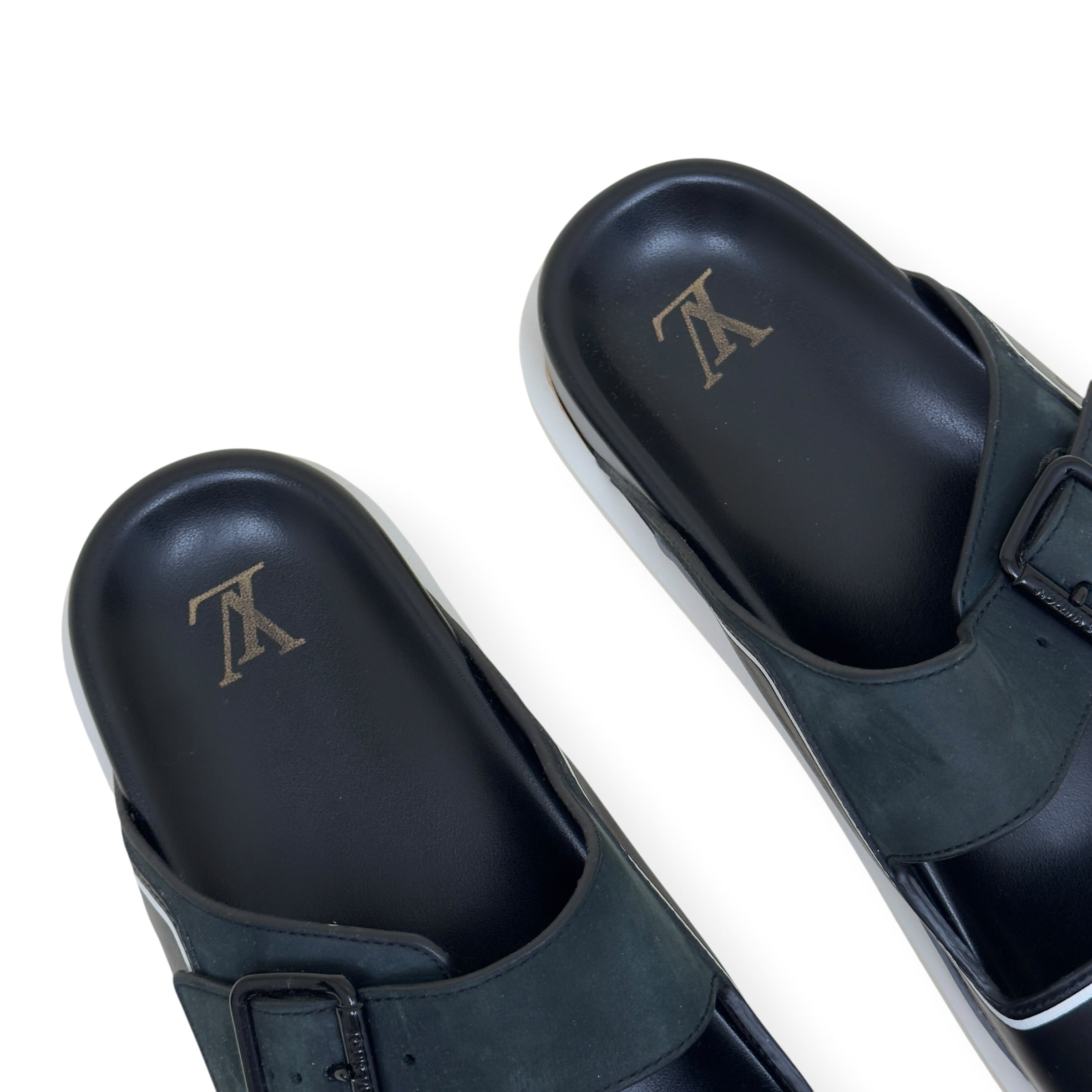 LOUIS VUITTON SCRIPT LOGO LEATHER MULES BLACK / GREY UK10