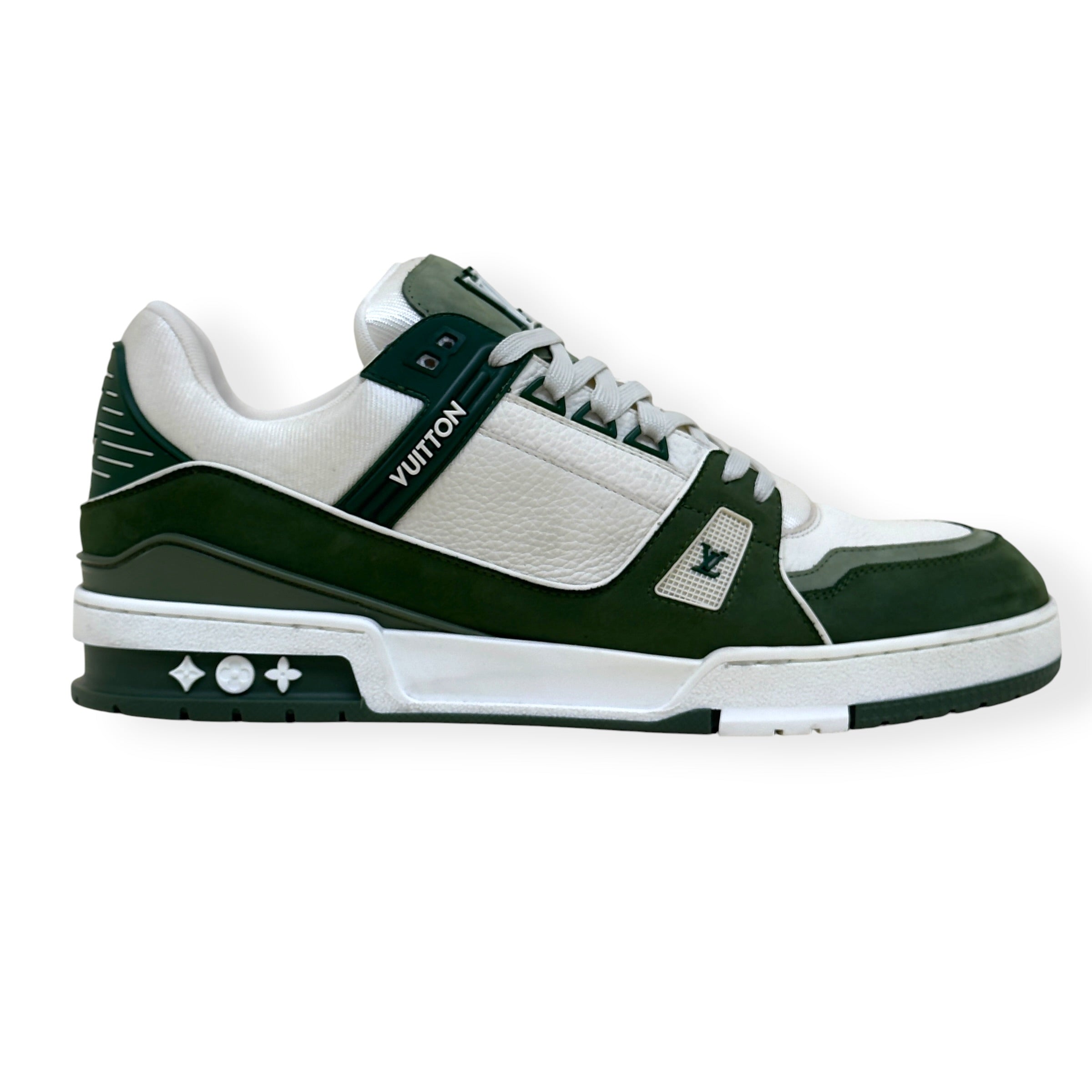 LOUIS VUITTON LEATHER LV TRAINER SNEAKER GREEN / WHITE UK10