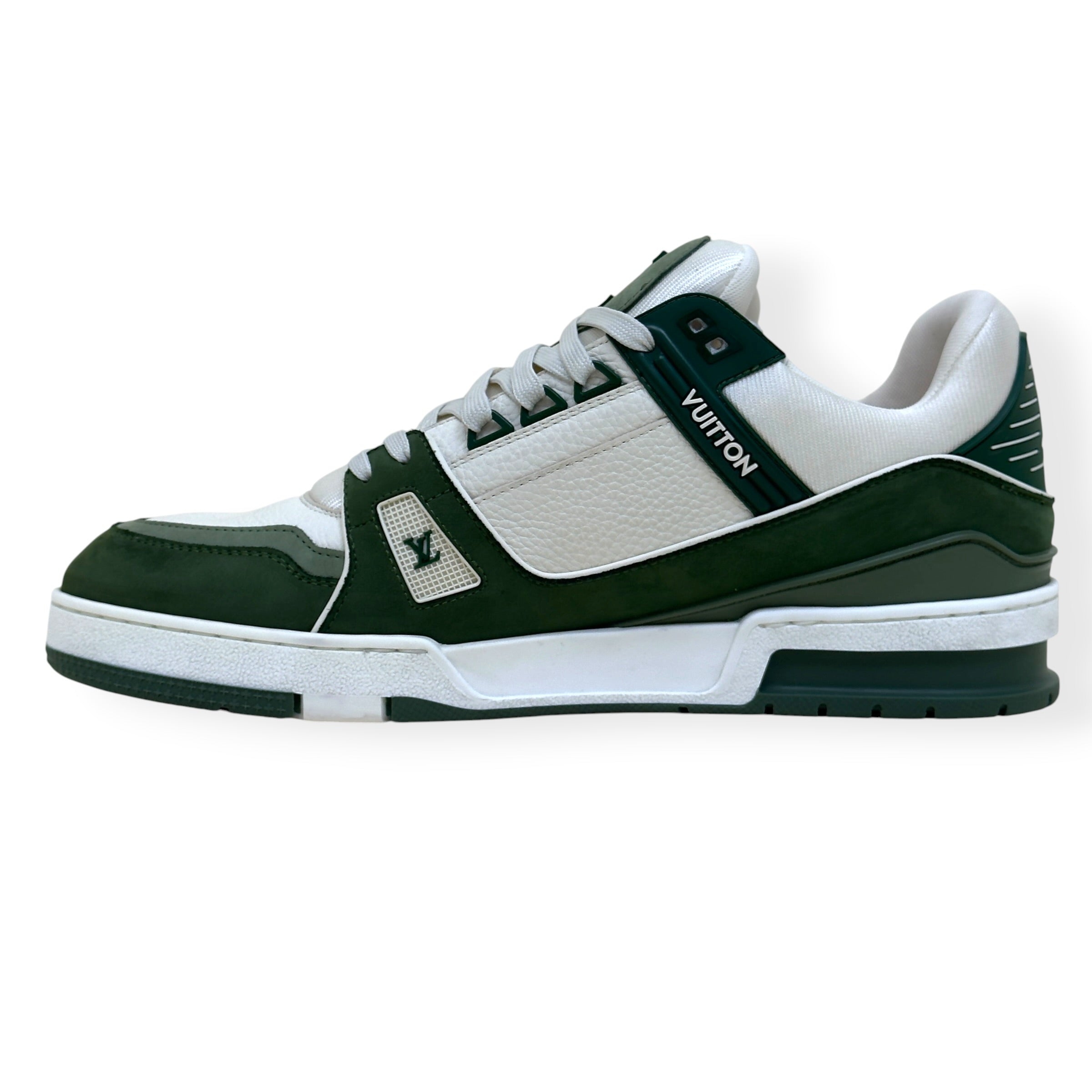 LOUIS VUITTON LEATHER LV TRAINER SNEAKER GREEN / WHITE UK10