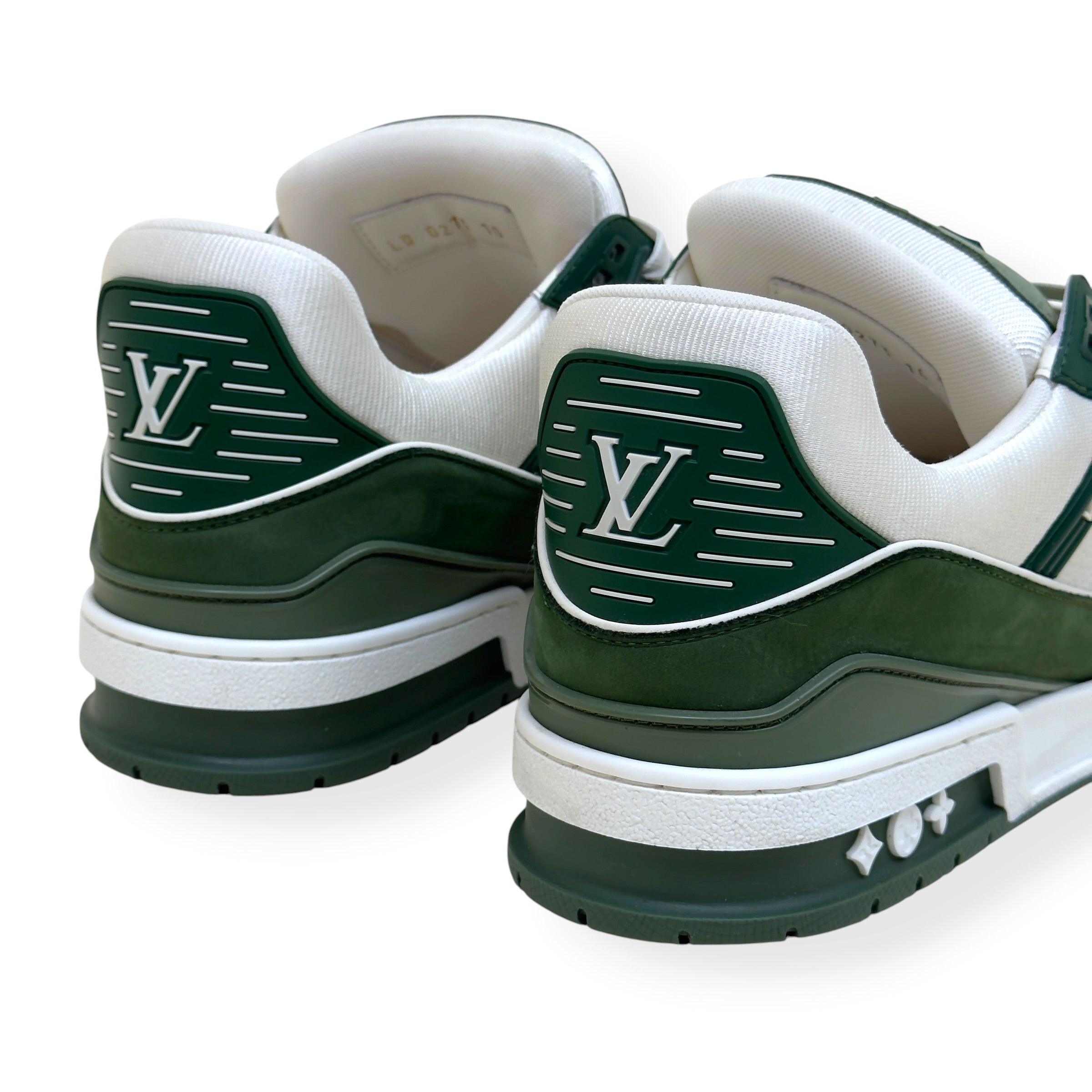 LOUIS VUITTON LEATHER LV TRAINER SNEAKER GREEN / WHITE UK10