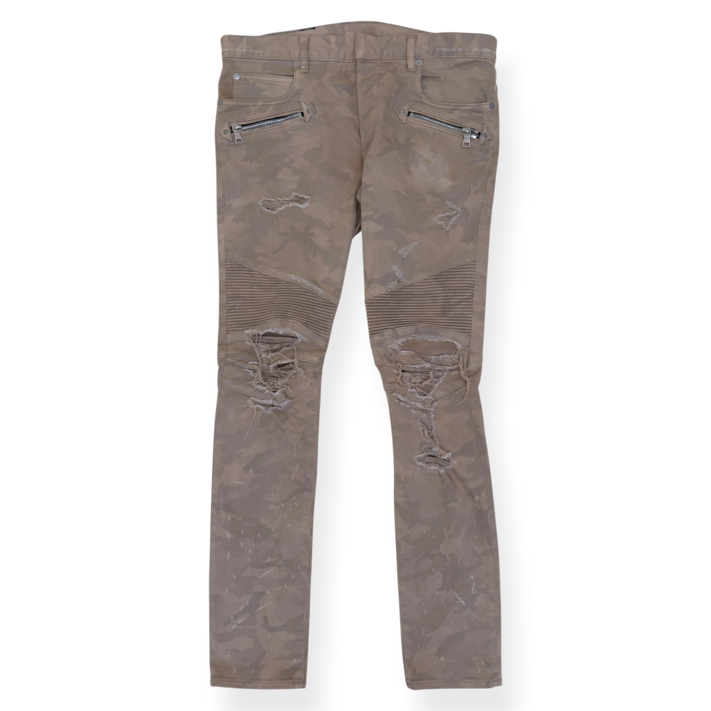 BALMAIN DISTRESSED CAMO BIKER SKINNY DENIM JEANS SAND W32”