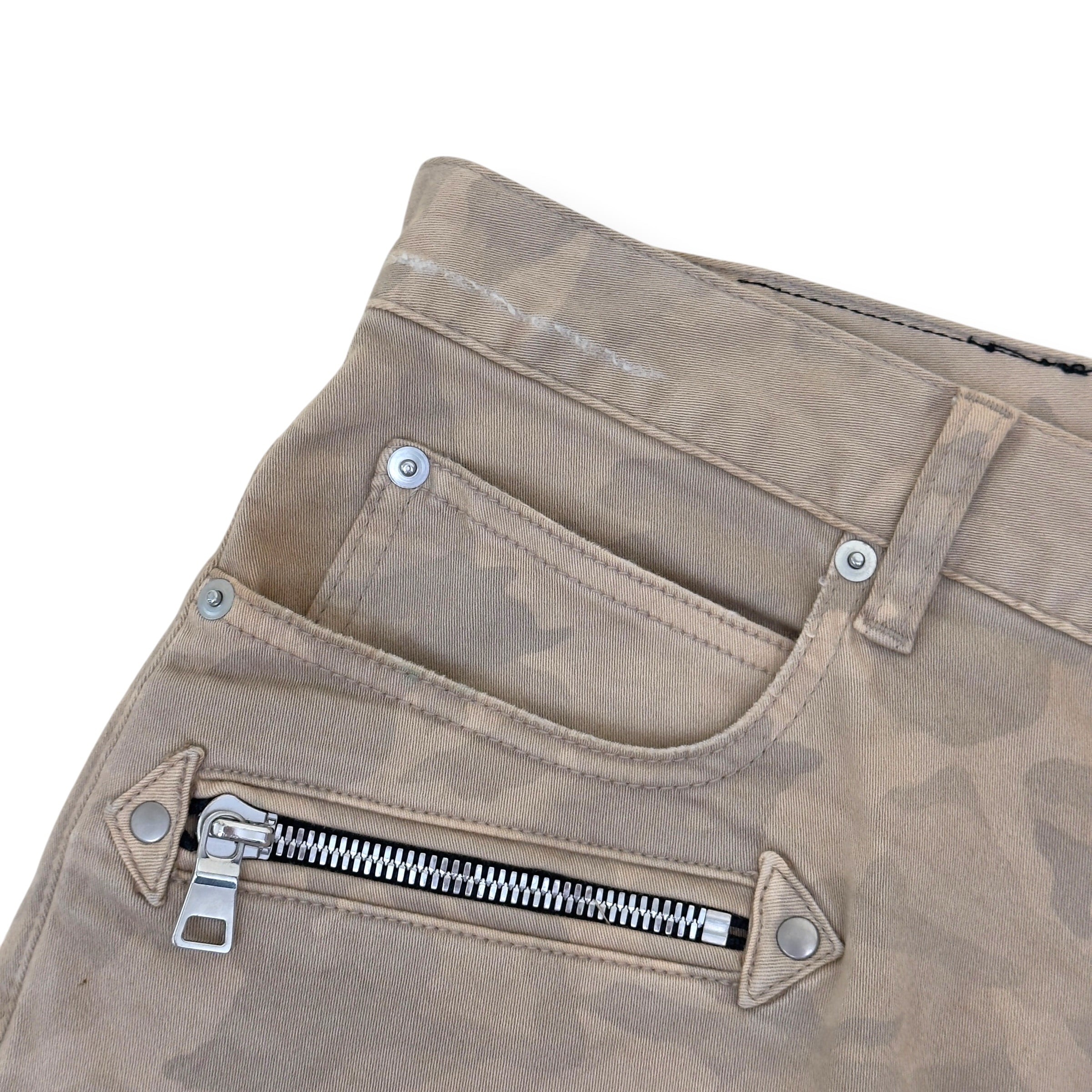 BALMAIN DISTRESSED CAMO BIKER SKINNY DENIM JEANS SAND W32”