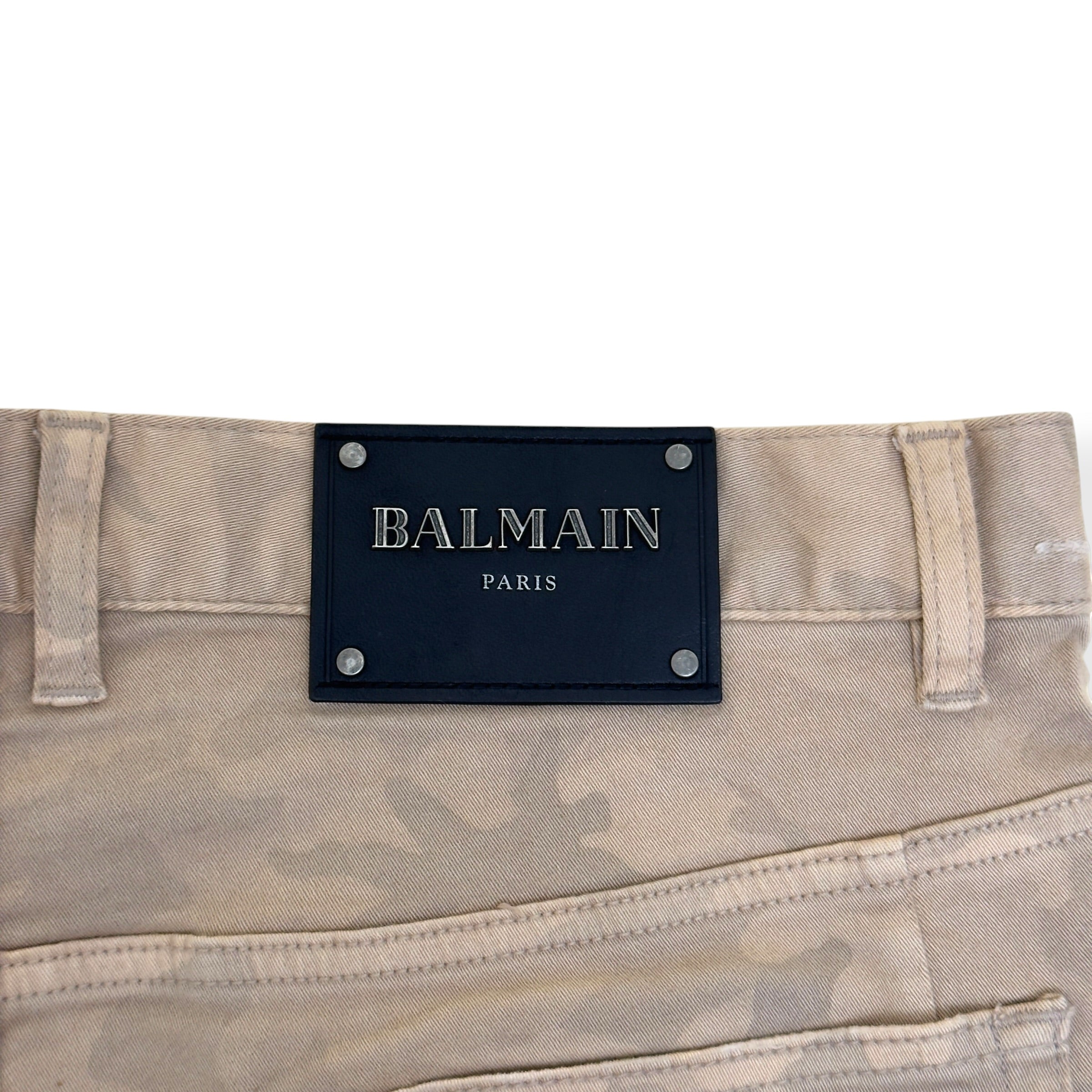 BALMAIN DISTRESSED CAMO BIKER SKINNY DENIM JEANS SAND W32”