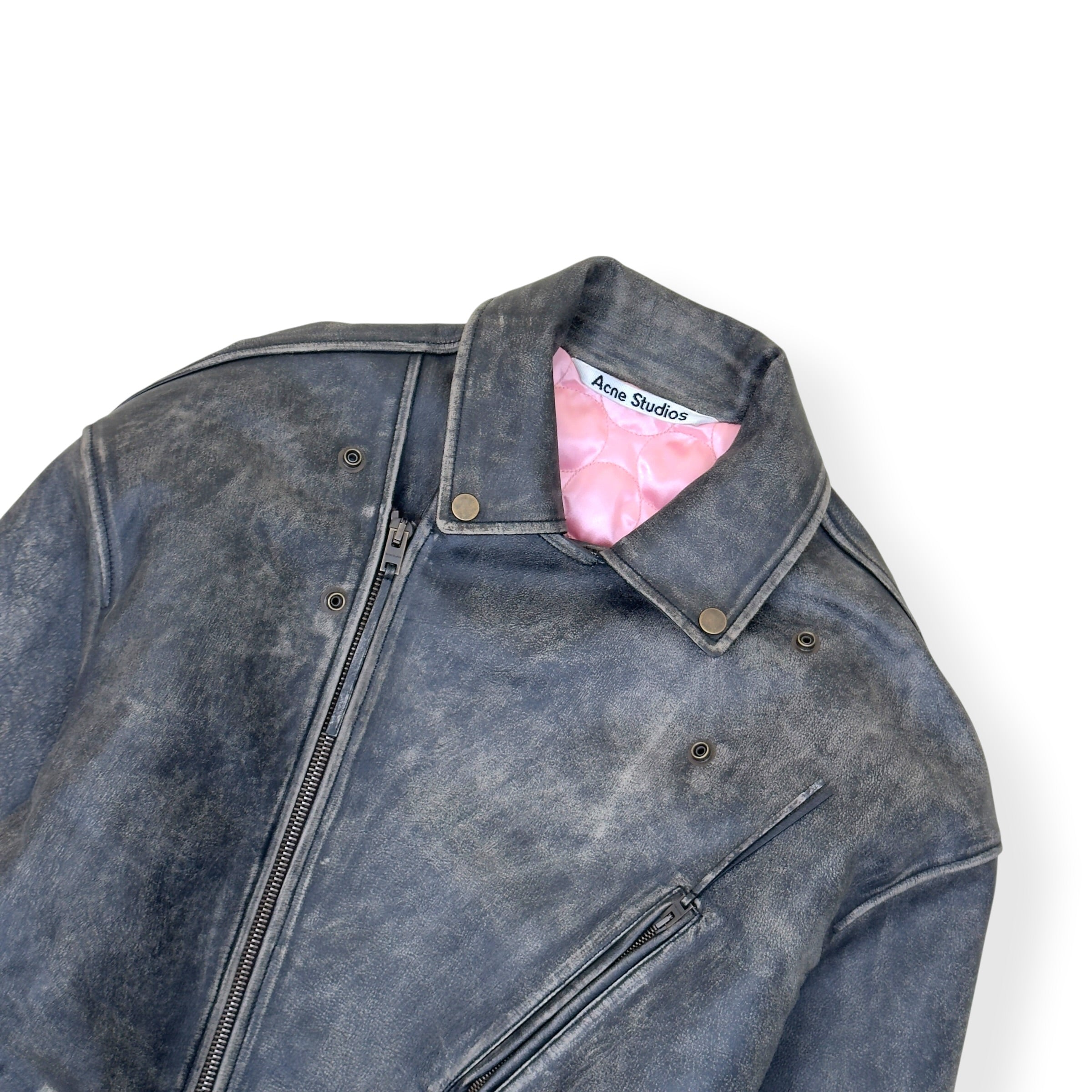 ACNE STUDIOS DISTRESSED LEATHER BIKER JACKET GREY 50 / L