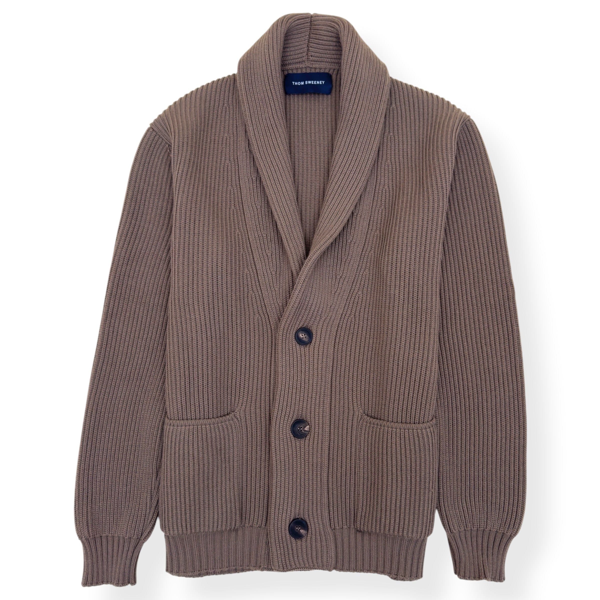 THOM SWEENEY EXTRAFINE MERINO WOOL SHAWL COLLAR CARDIGAN TAUPE L
