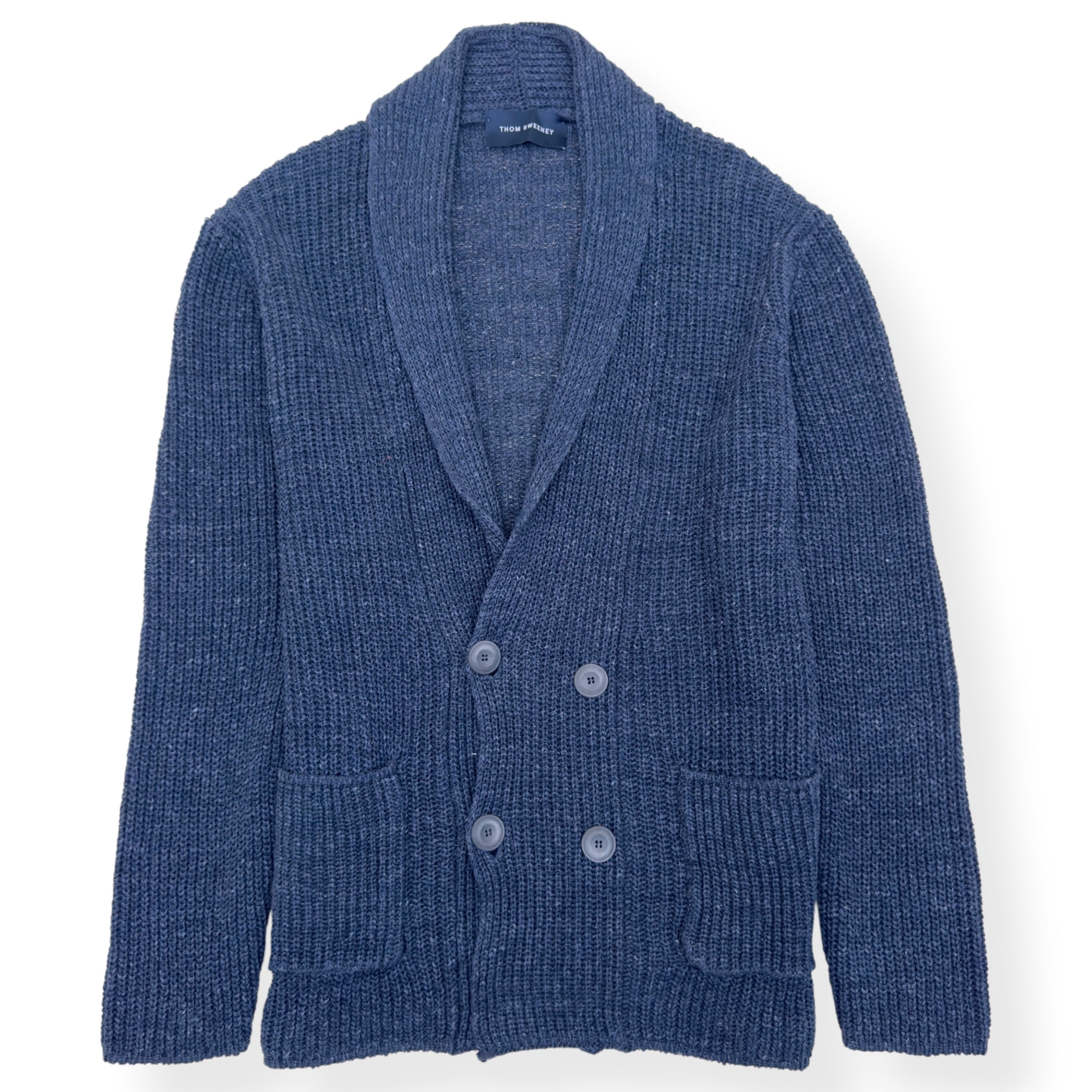 THOM SWEENEY LINEN SHAWL COLLAR RIBBED CARDIGAN BLUE M