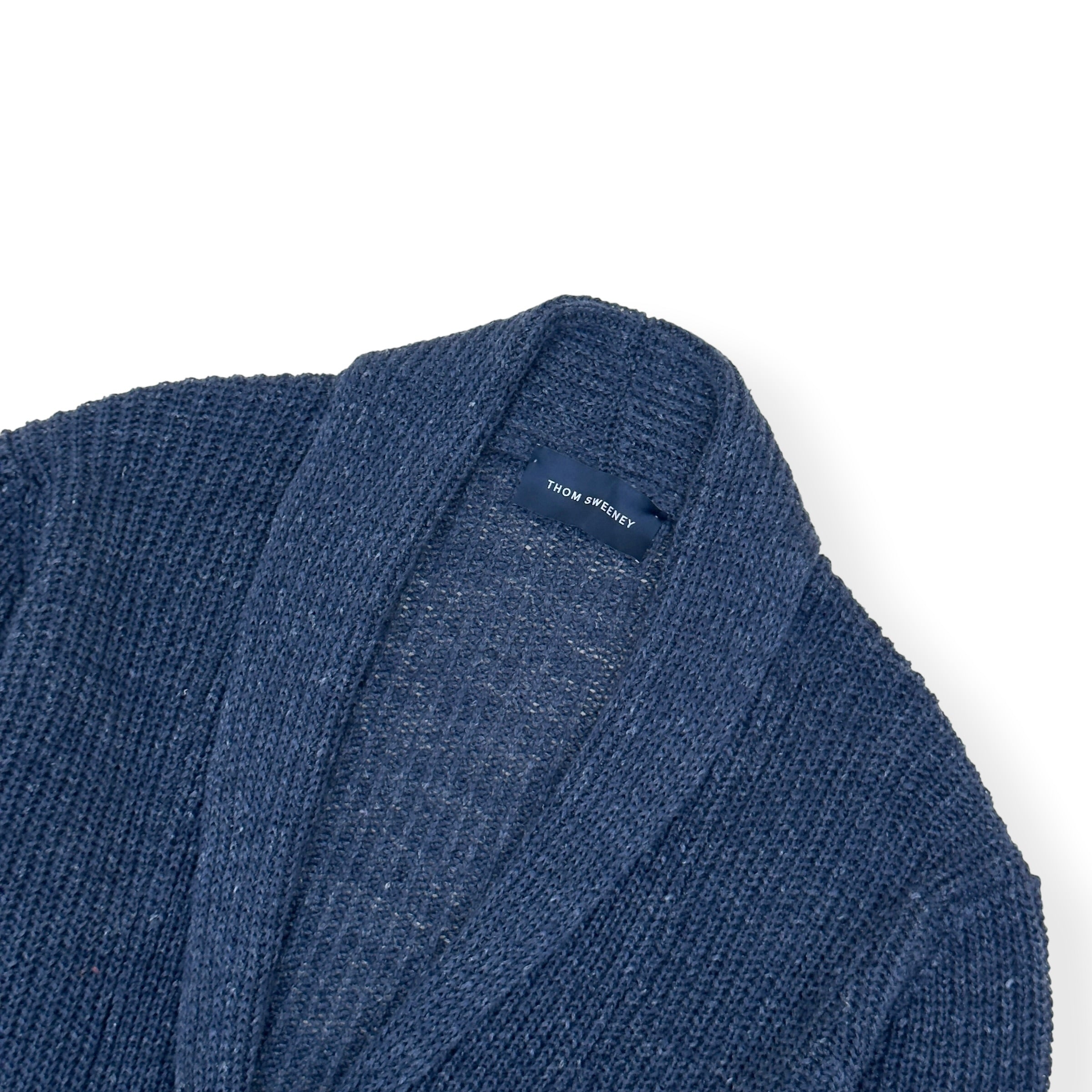 THOM SWEENEY LINEN SHAWL COLLAR RIBBED CARDIGAN BLUE M