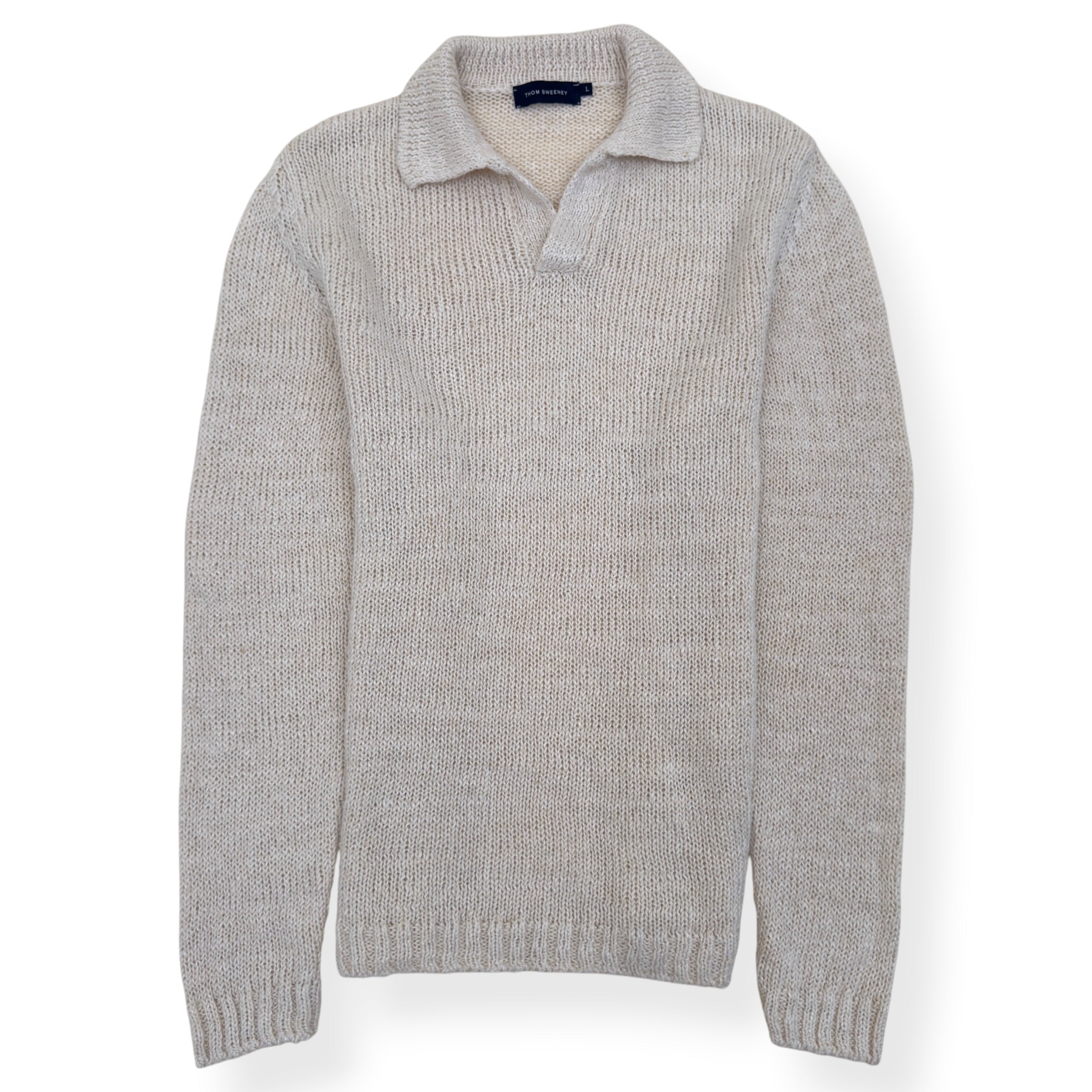 THOM SWEENEY LINEN BLEND WIDE GAUGE SKIPPER POLO SHIRT ECRU L