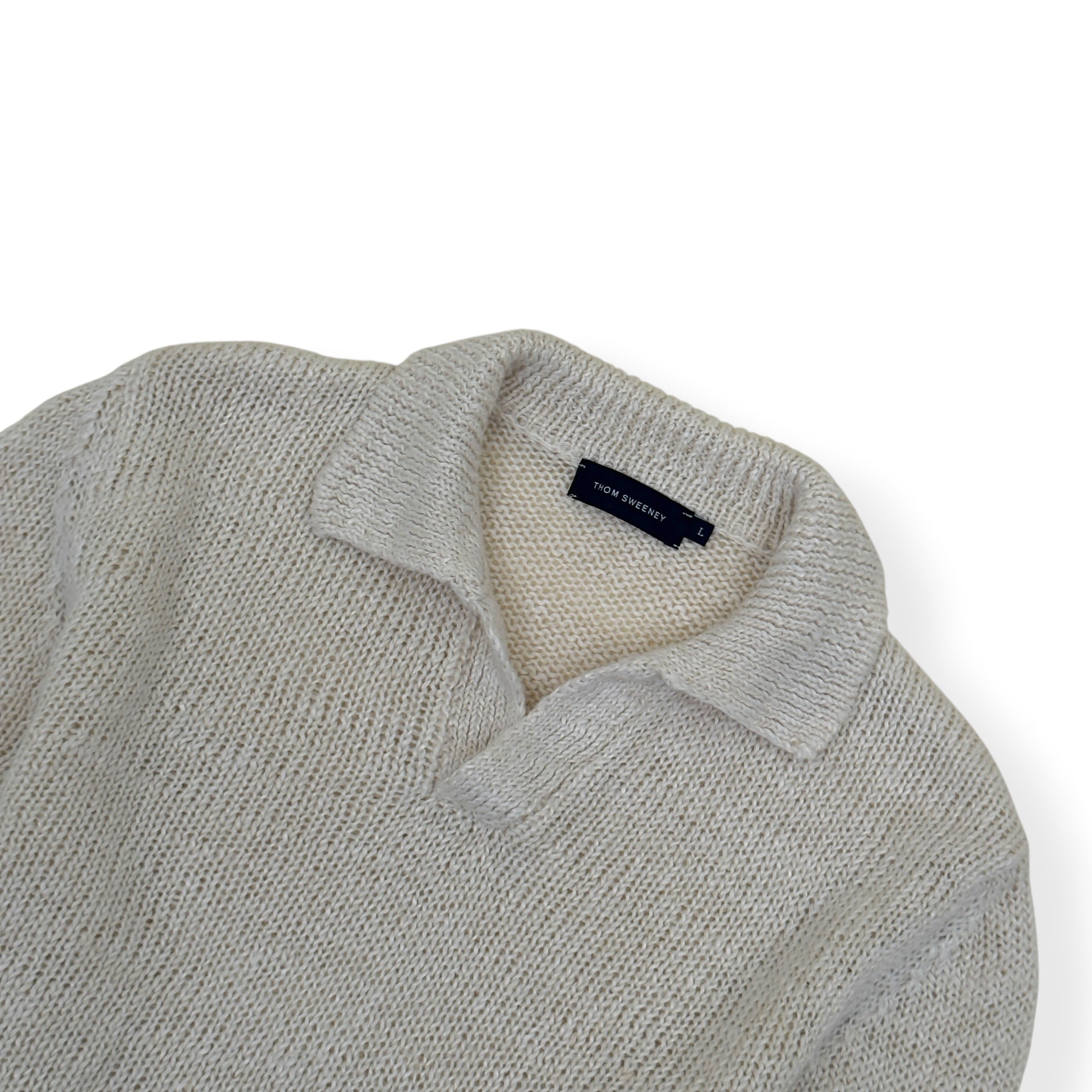 THOM SWEENEY LINEN BLEND WIDE GAUGE SKIPPER POLO SHIRT ECRU L