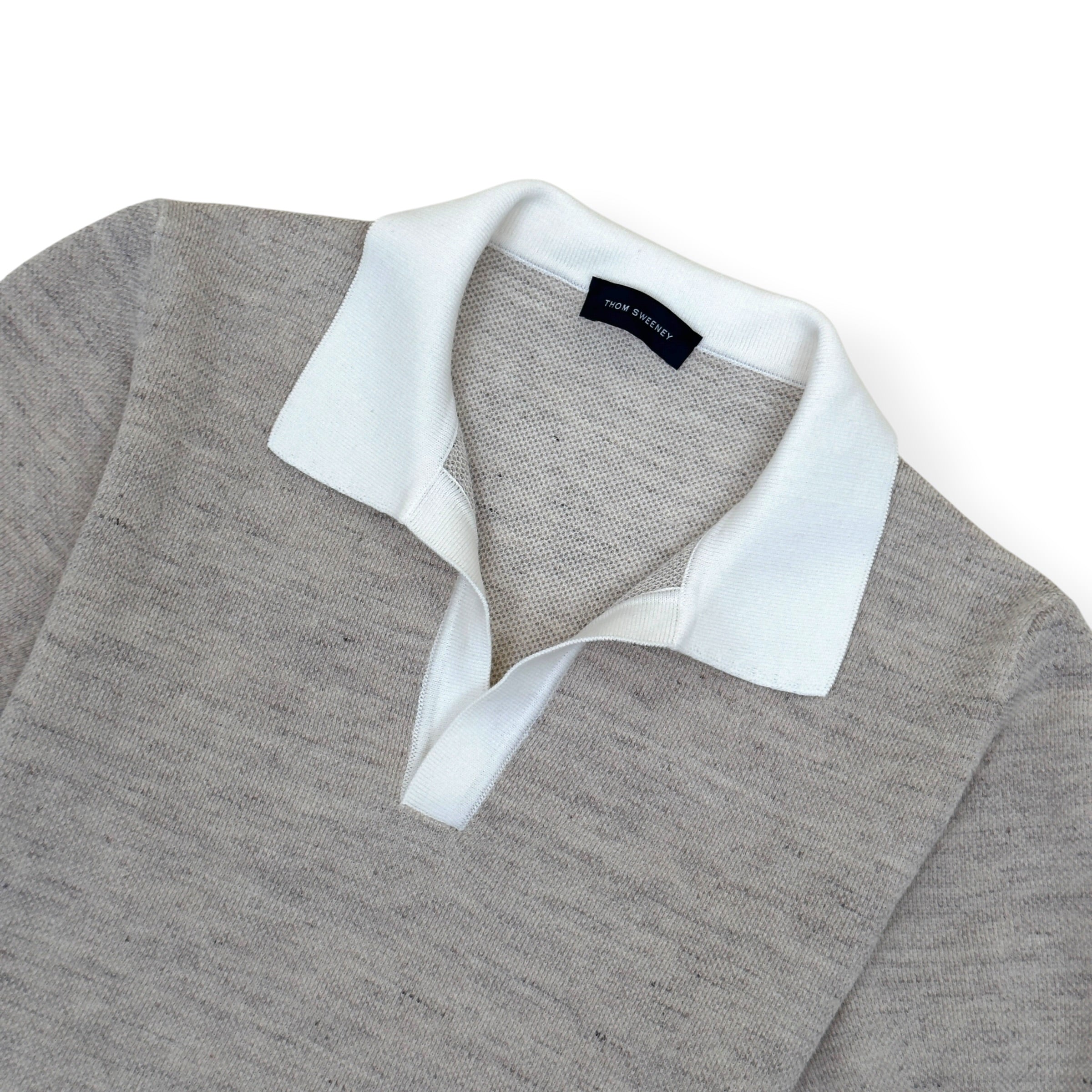 THOM SWEENEY COTTON / LINEN SHORT SLEEVE KNIT POLO GREY / WHITE M