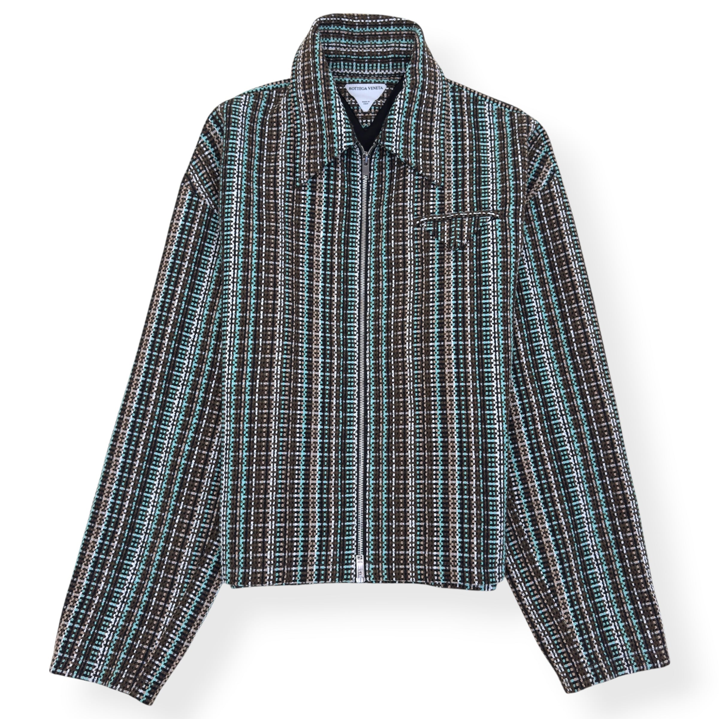 BOTTEGA VENETA TWEED ZIP-UP JACKET TEAL / BROWN 50 / M
