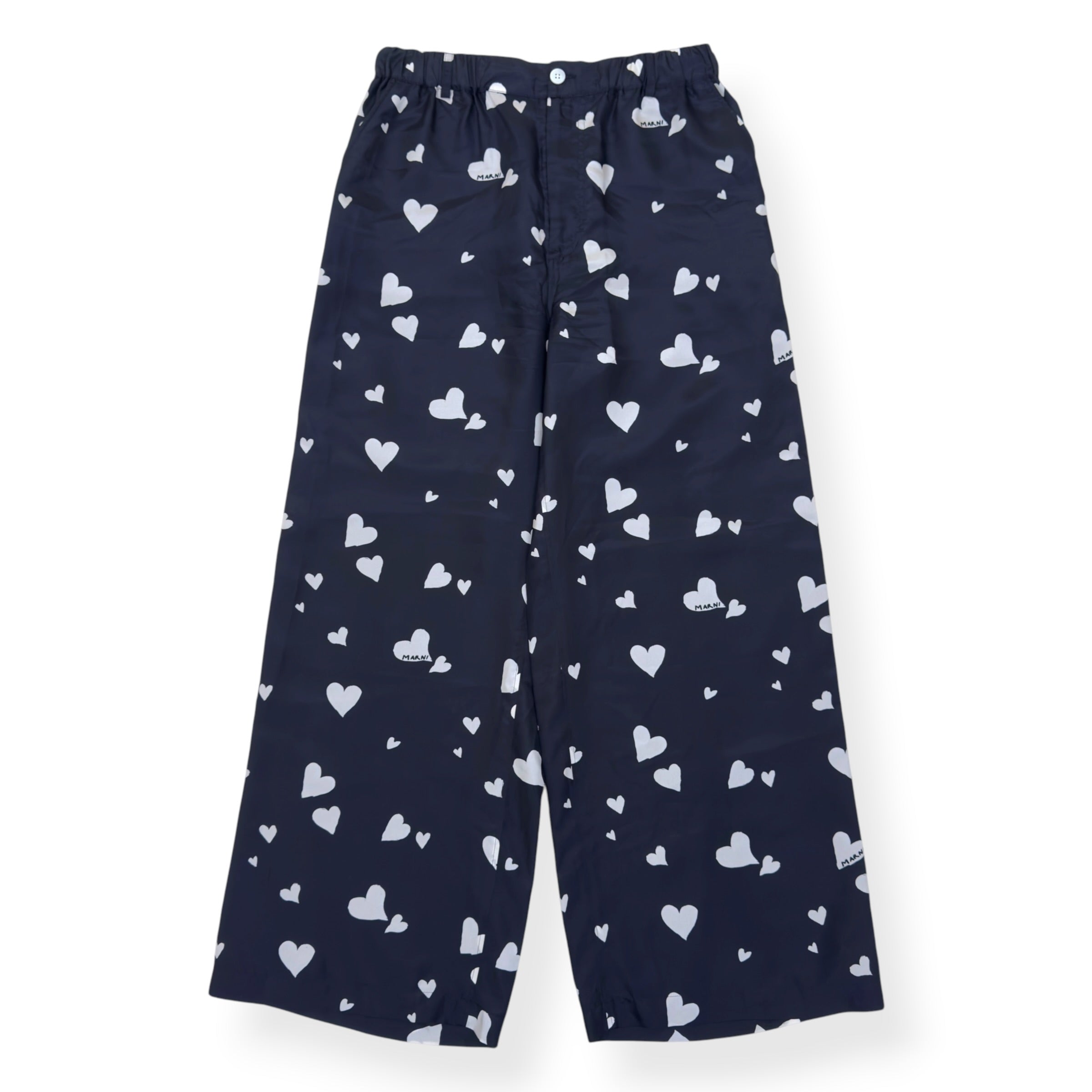 MARNI HEART PRINT SILK TROUSERS NAVY SIZE 50 / L