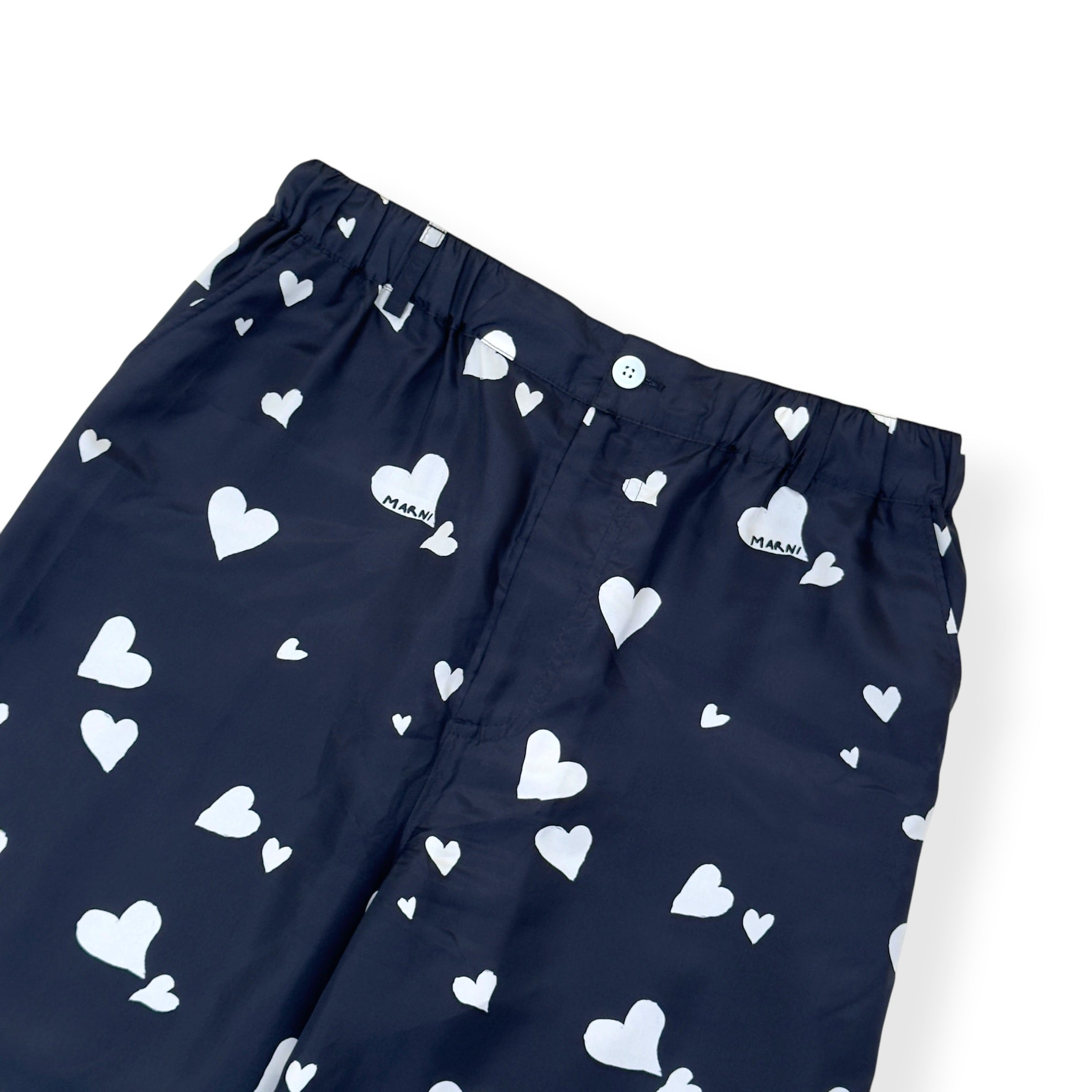 MARNI HEART PRINT SILK TROUSERS NAVY SIZE 50 / L