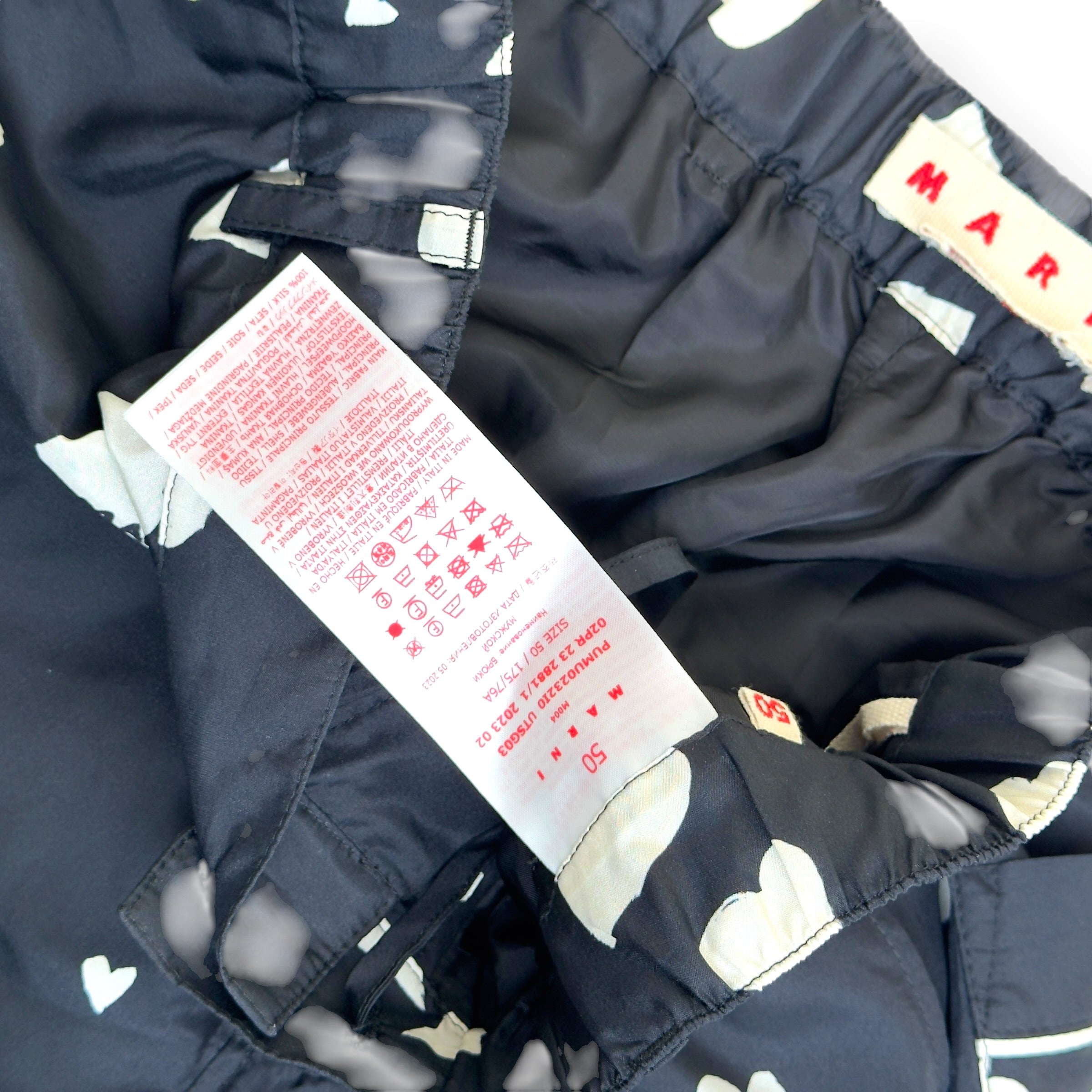 MARNI HEART PRINT SILK TROUSERS NAVY SIZE 50 / L